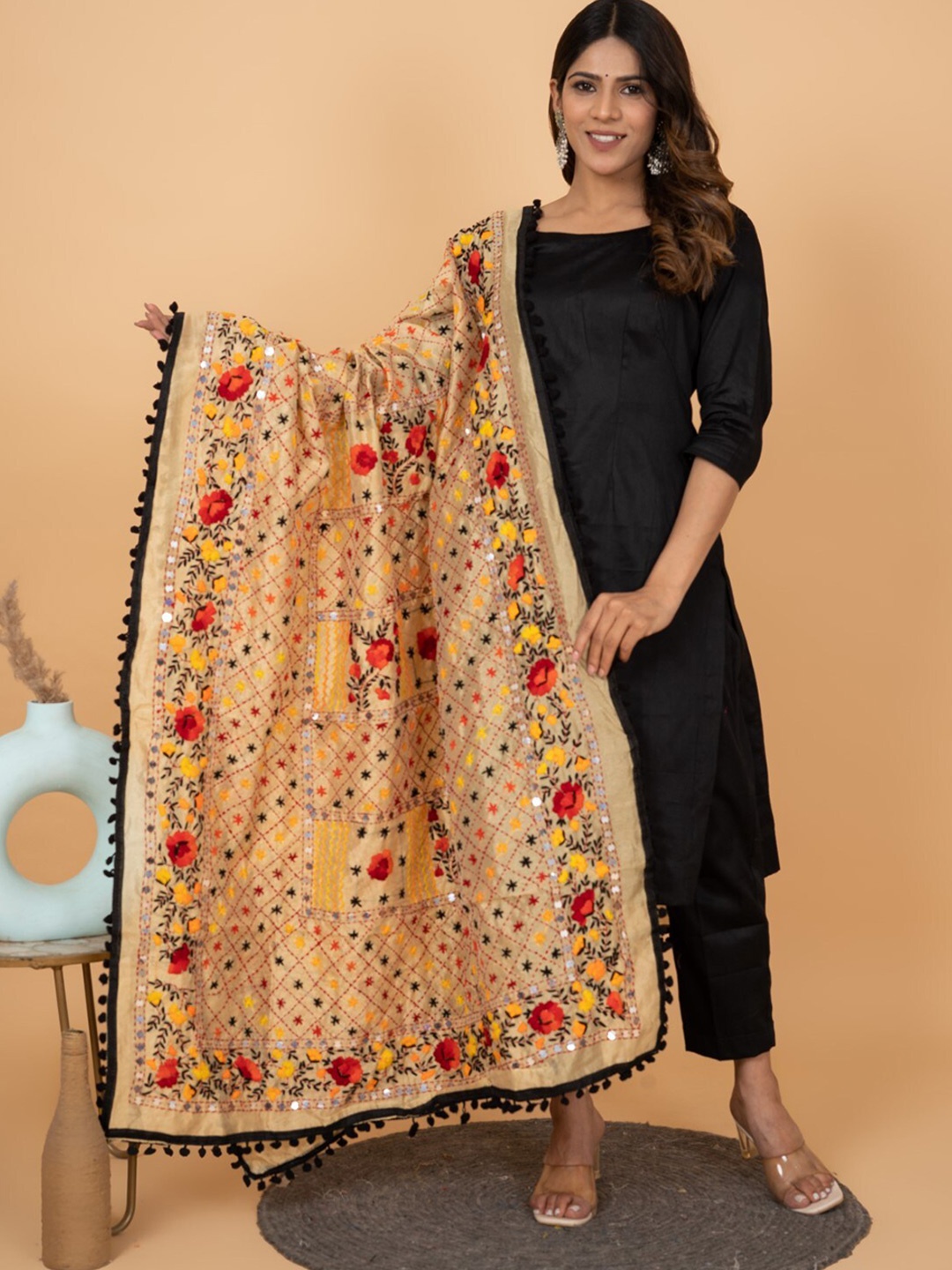 

KALINI Embroidered Dupatta with Phulkari, Beige