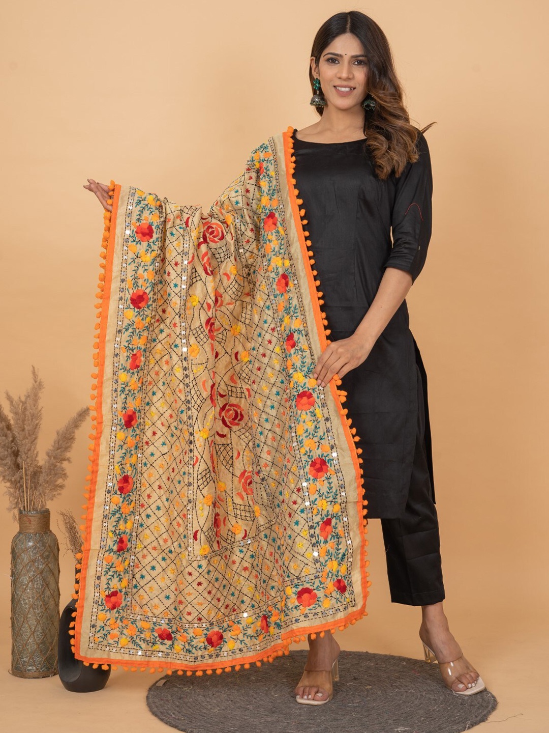 

KALINI Embroidered Phulkari Dupatta, Beige