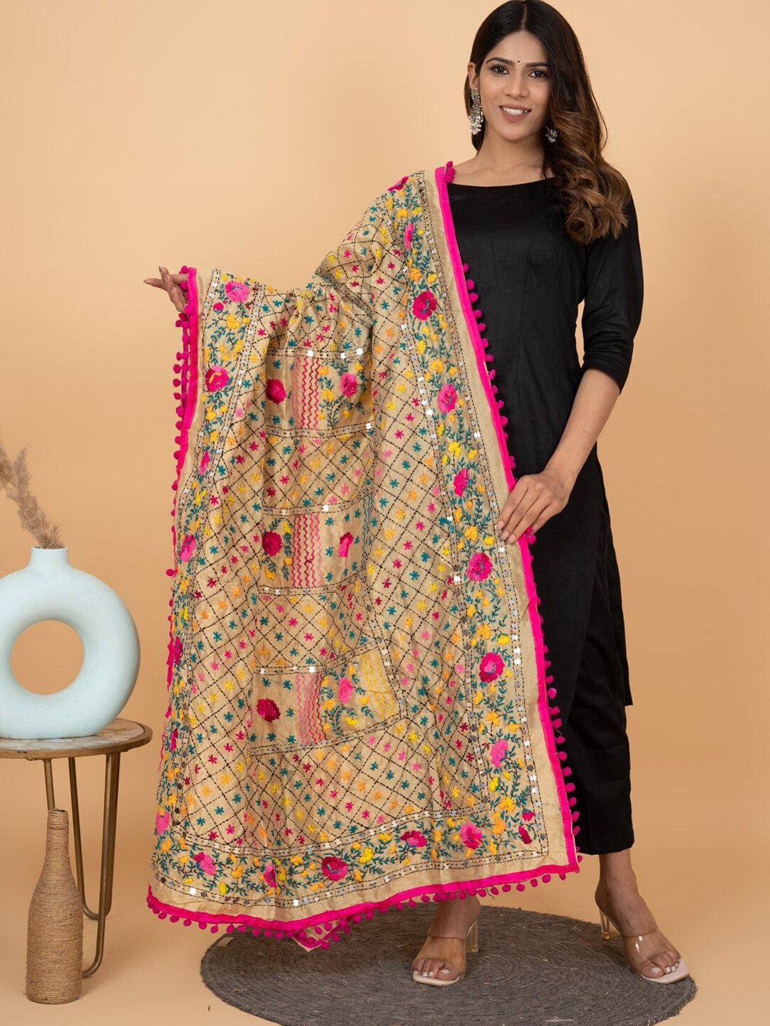 

KALINI Embroidered Phulkari Dupatta, Beige