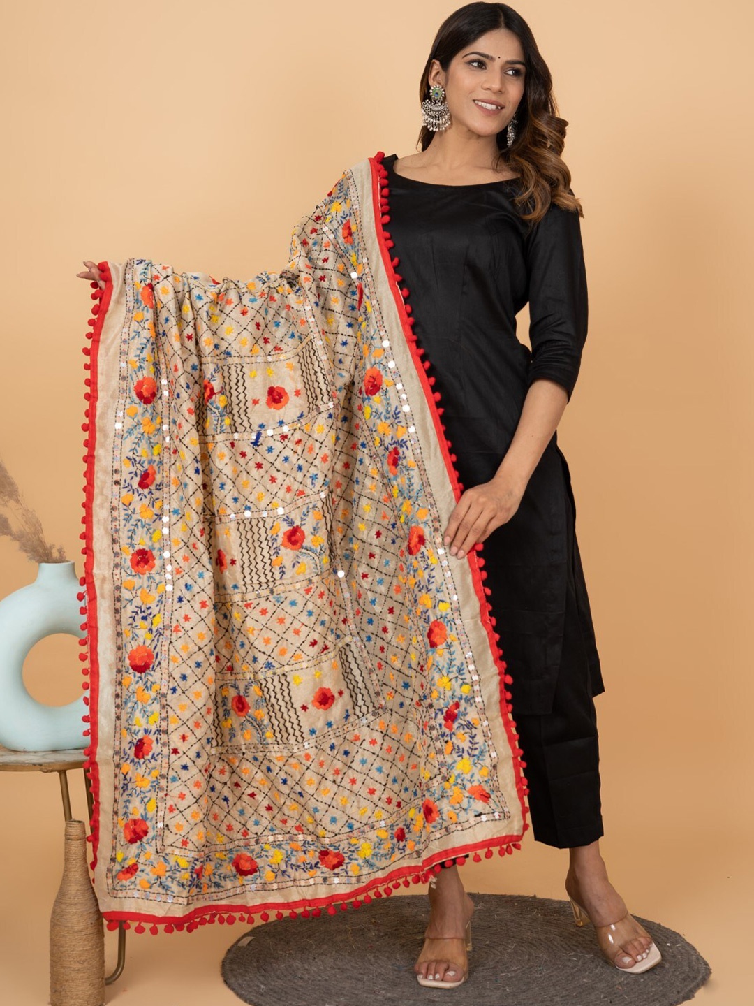 

KALINI Embroidered Phulkari Dupatta, Beige