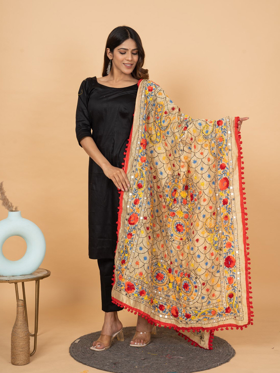 

KALINI Floral Embroidered Pulkari Sequinned Chanderi Dupatta, Cream
