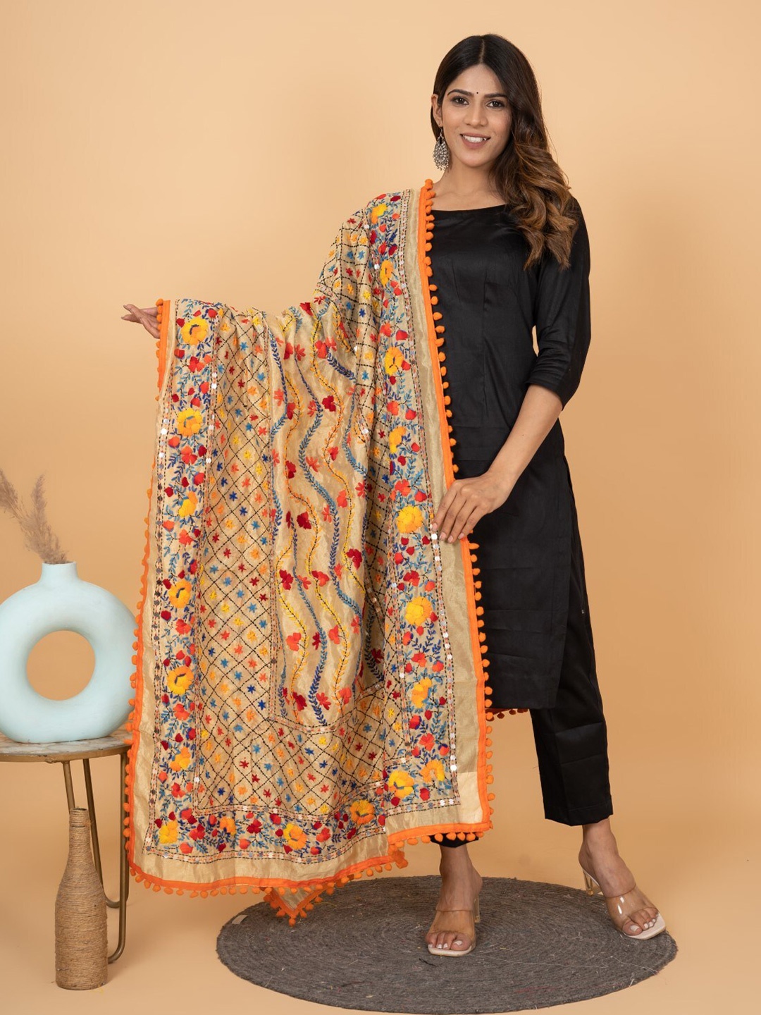 

KALINI Embroidered Chanderi Pulkari Bagh Dupatta, Beige