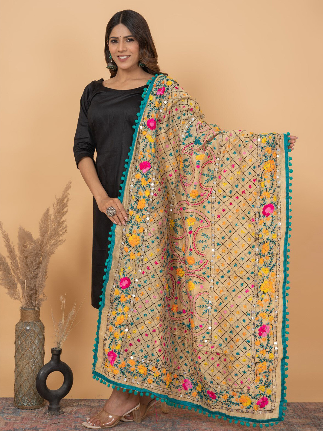 

KALINI Floral Embroidered Pulkari Sequinned Chanderi Dupatta, Cream