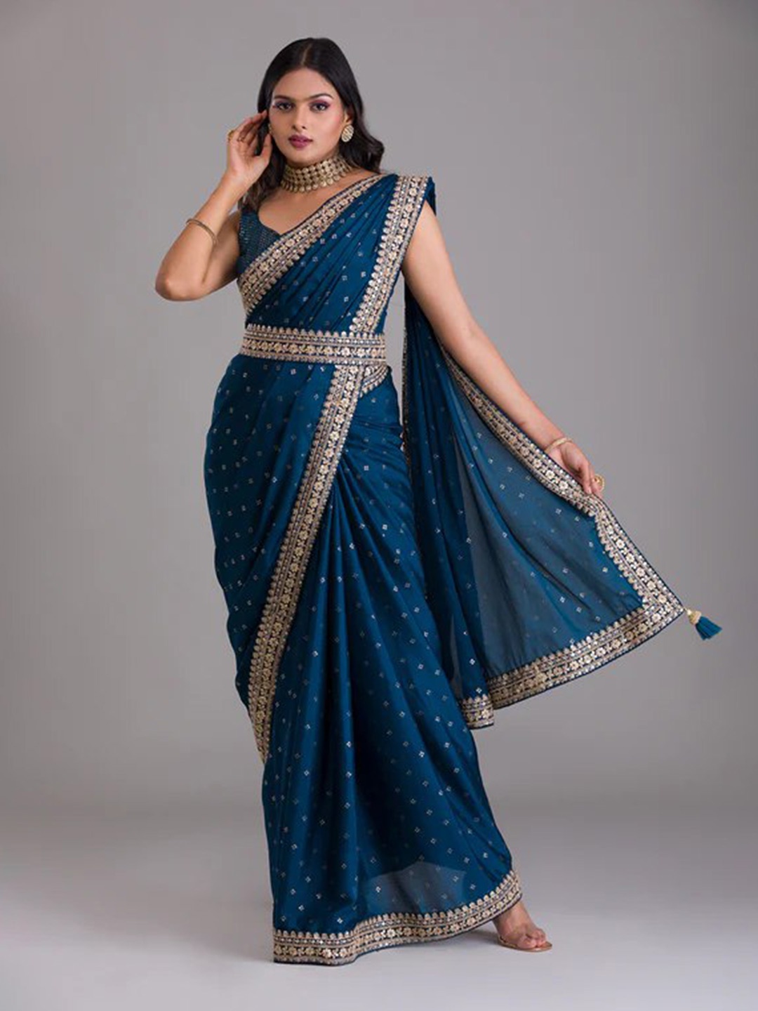 

Fashionuma Embellished Sequinned Belted Saree, Navy blue