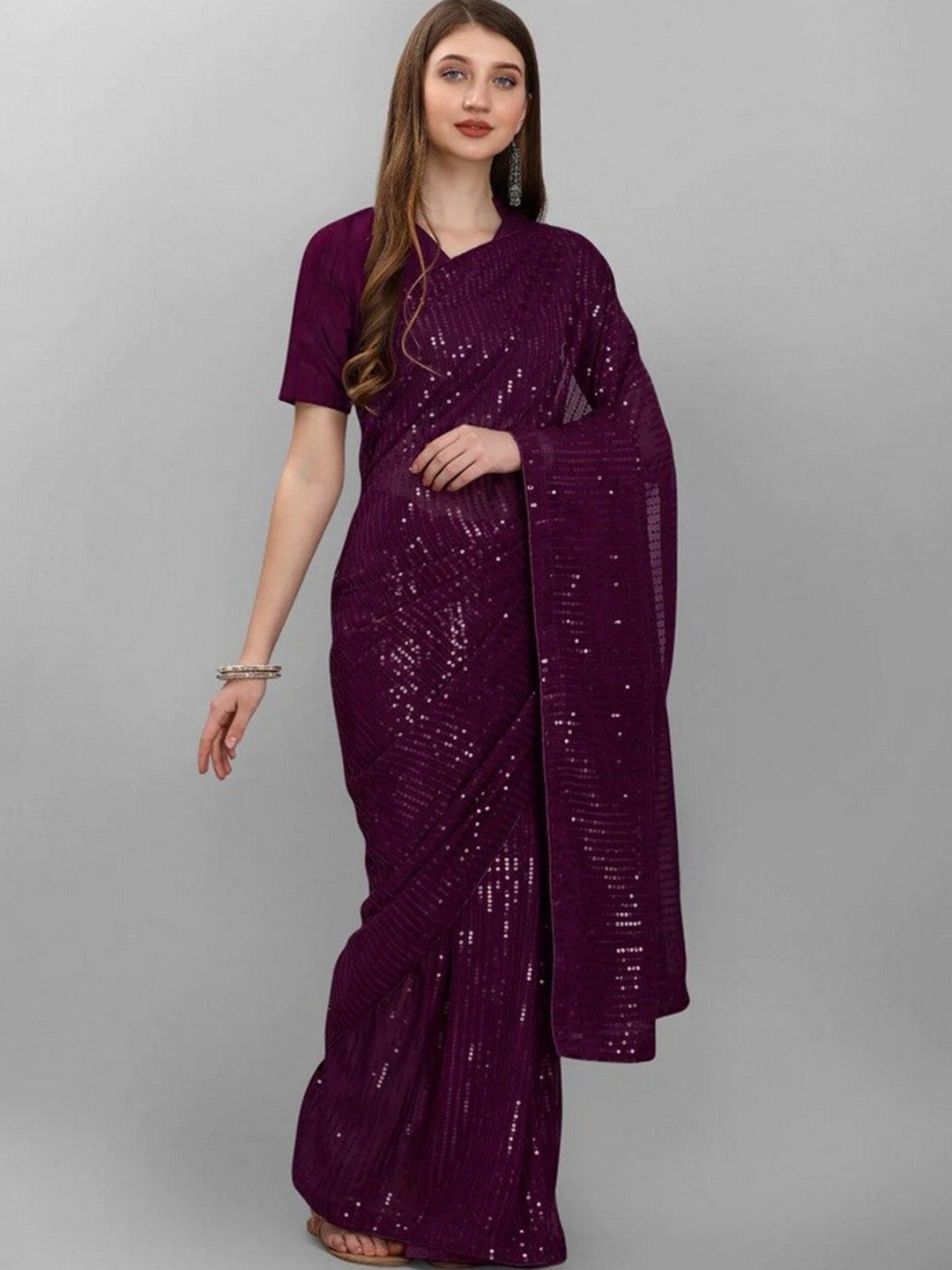 

Fashionuma Embellished Sequinned Poly Georgette Saree, Purple