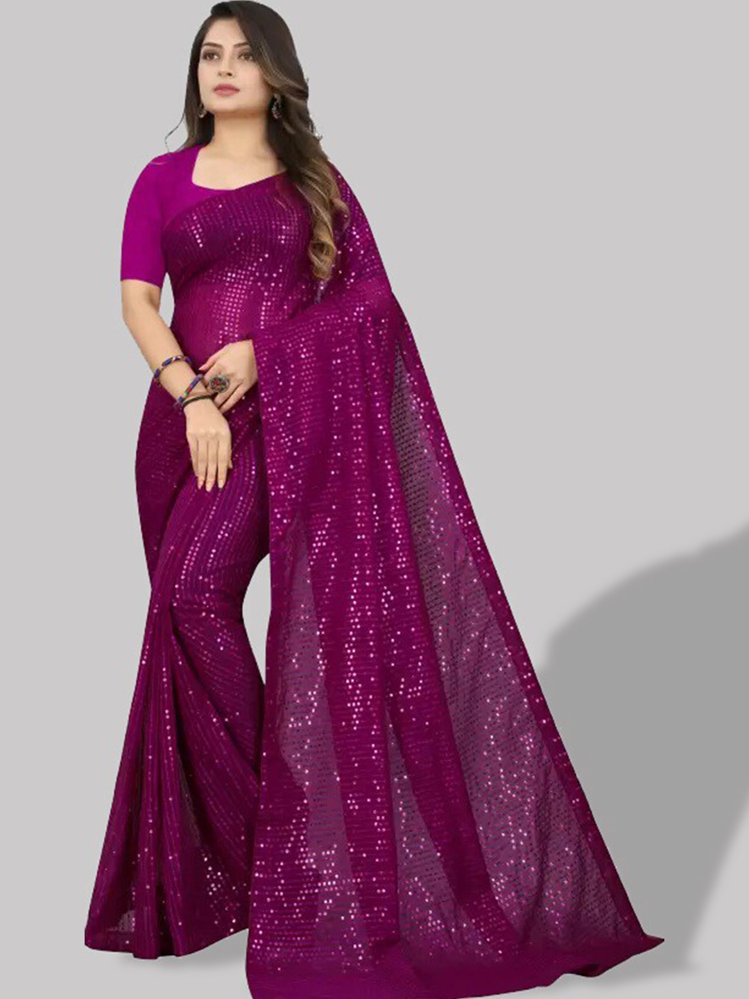 

Fashionuma Embellished Sequinned Poly Georgette Saree, Purple