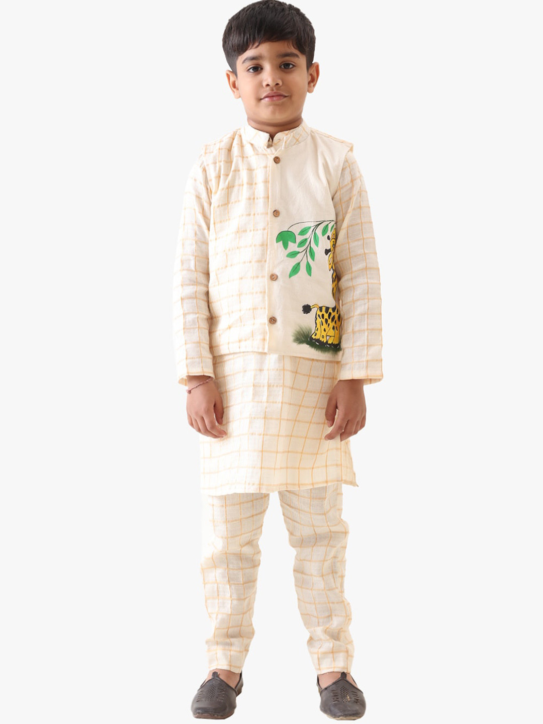 

Jilmil Boys Checked Pure Cotton Kurta & Pyjamas with Nehru Jacket, Off white