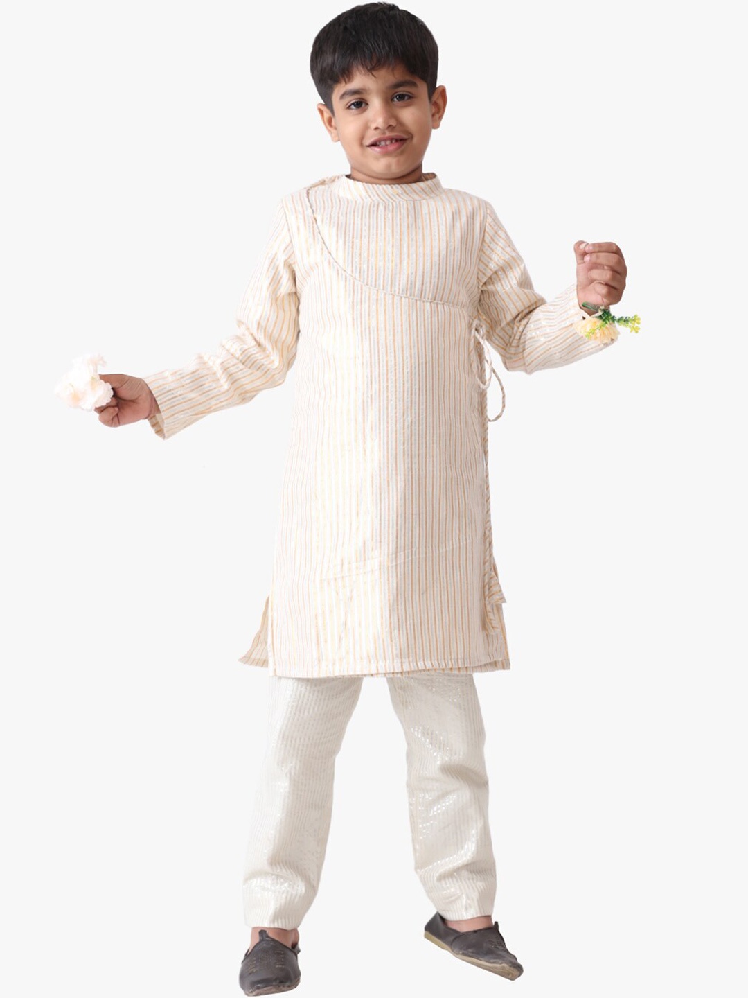 

Jilmil Boys Striped Angrakha Pure Cotton Kurta with Palazzos, Off white