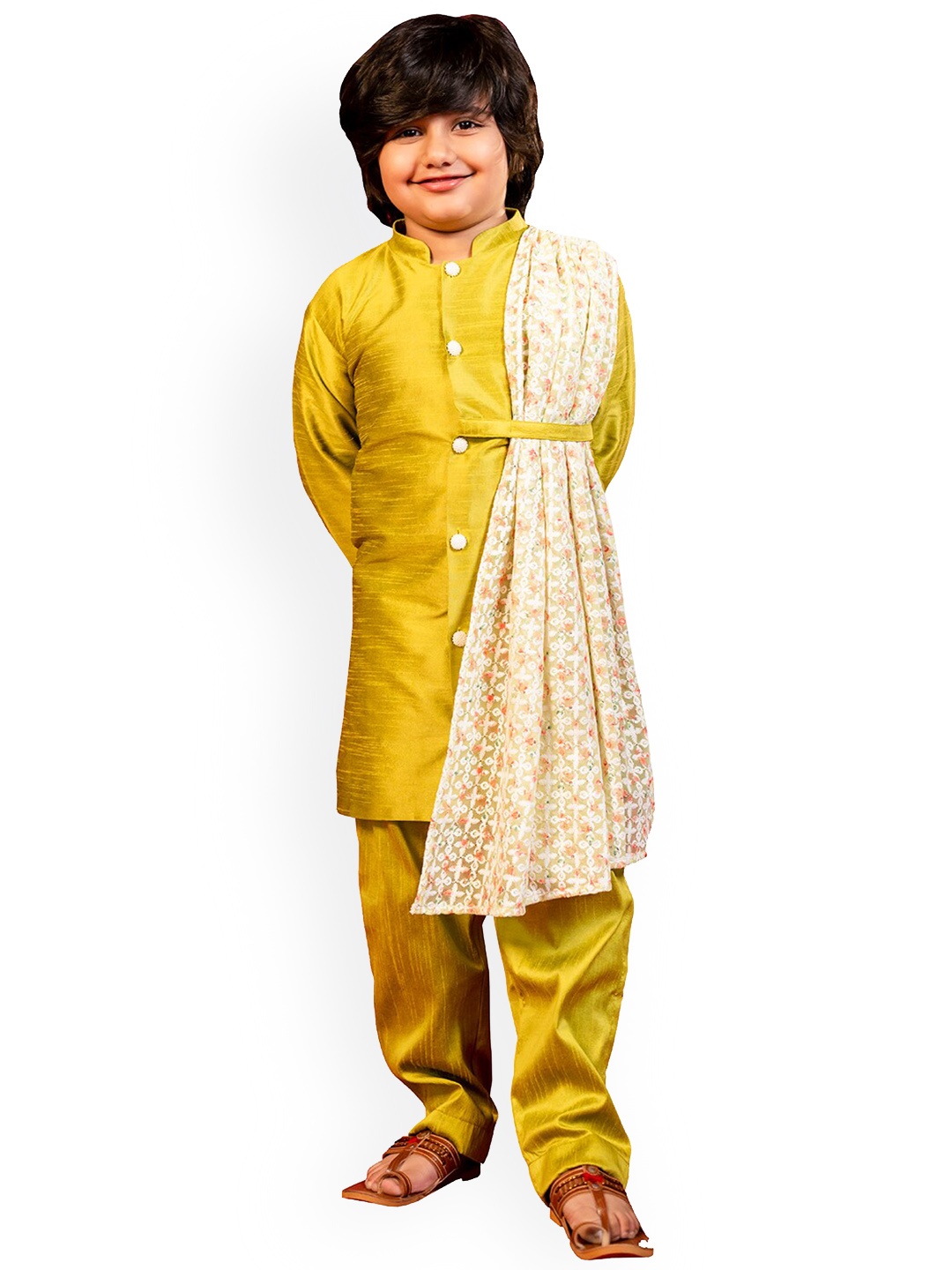 

Jilmil Boys Mandarin Collar Long Sleeves Kurta with Pyjamas And Attached Dupatta, Mustard