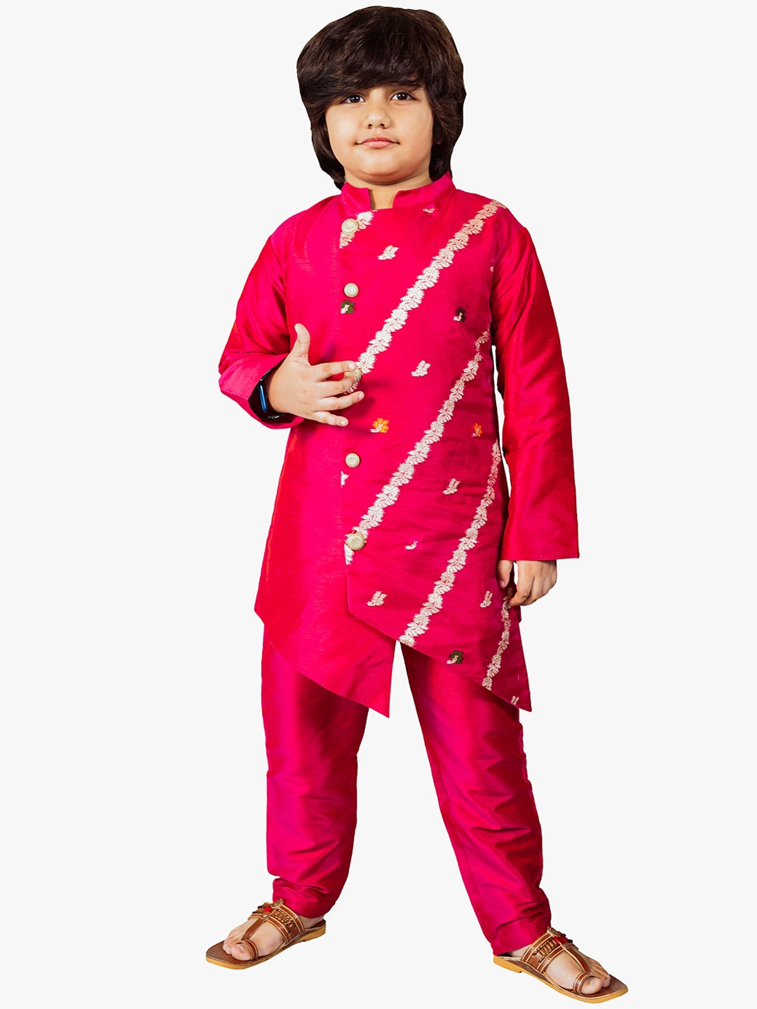 

Jilmil Boys Woven Design Mandarin Collar Regular Kurta with Trousers, Pink