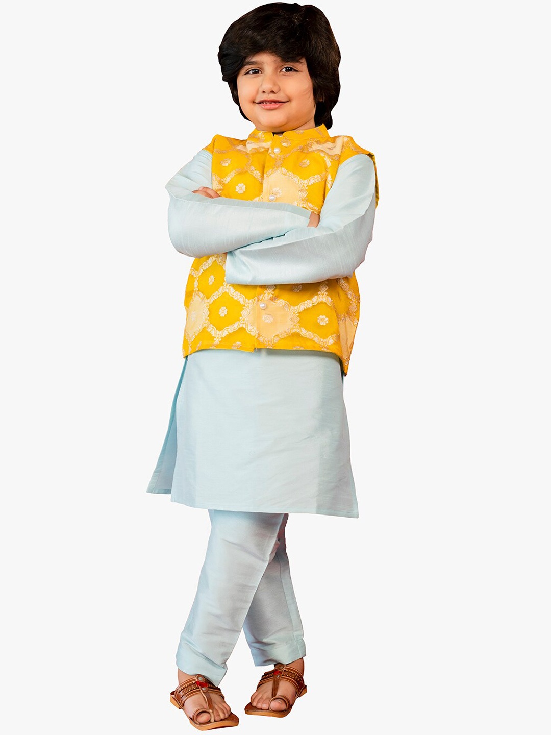 

Jilmil Boys Mandarin Collar Kurta & Pyjamas with Nehru Jacket, Blue