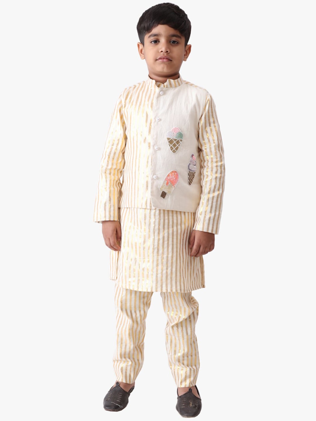 

Jilmil Boys Striped Pure Cotton Kurta with Trousers And Jacket, Off white