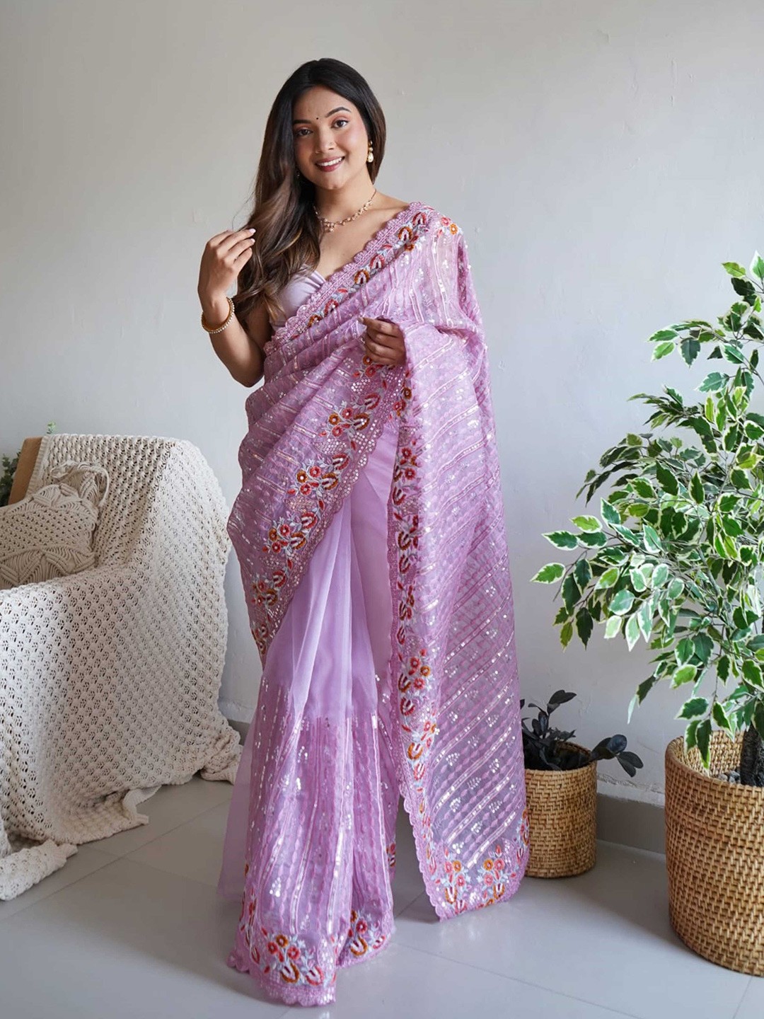

Mitera Purple Embellished Embroidered Organza Saree
