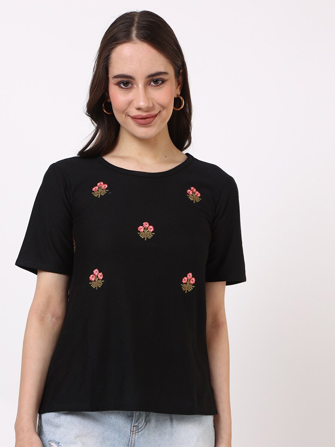

UNTUNG Floral Embroidered Cotton Top, Black