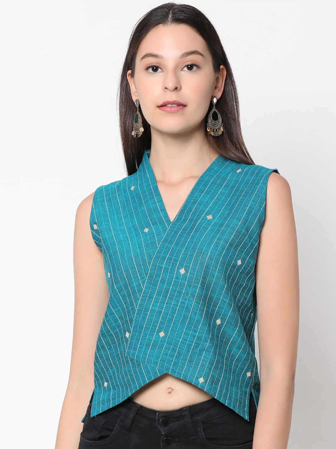 

UNTUNG Striped Cotton Overlap Crop Top, Blue
