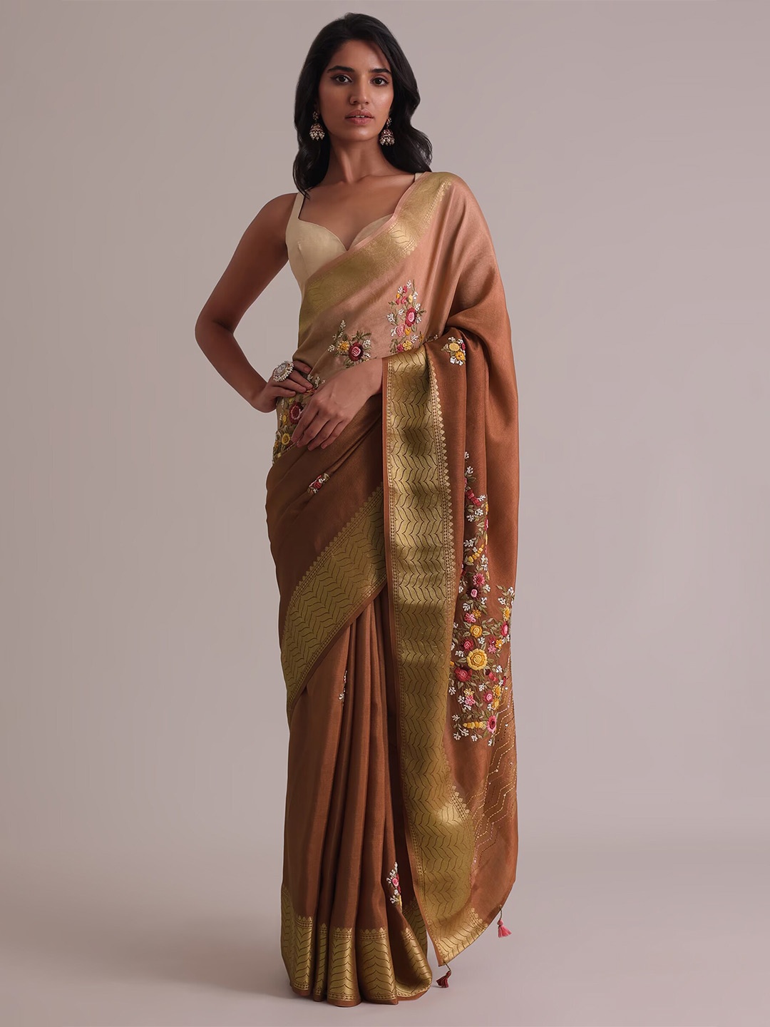 

KALKI Fashion Floral Embroidered Zari Saree, Brown