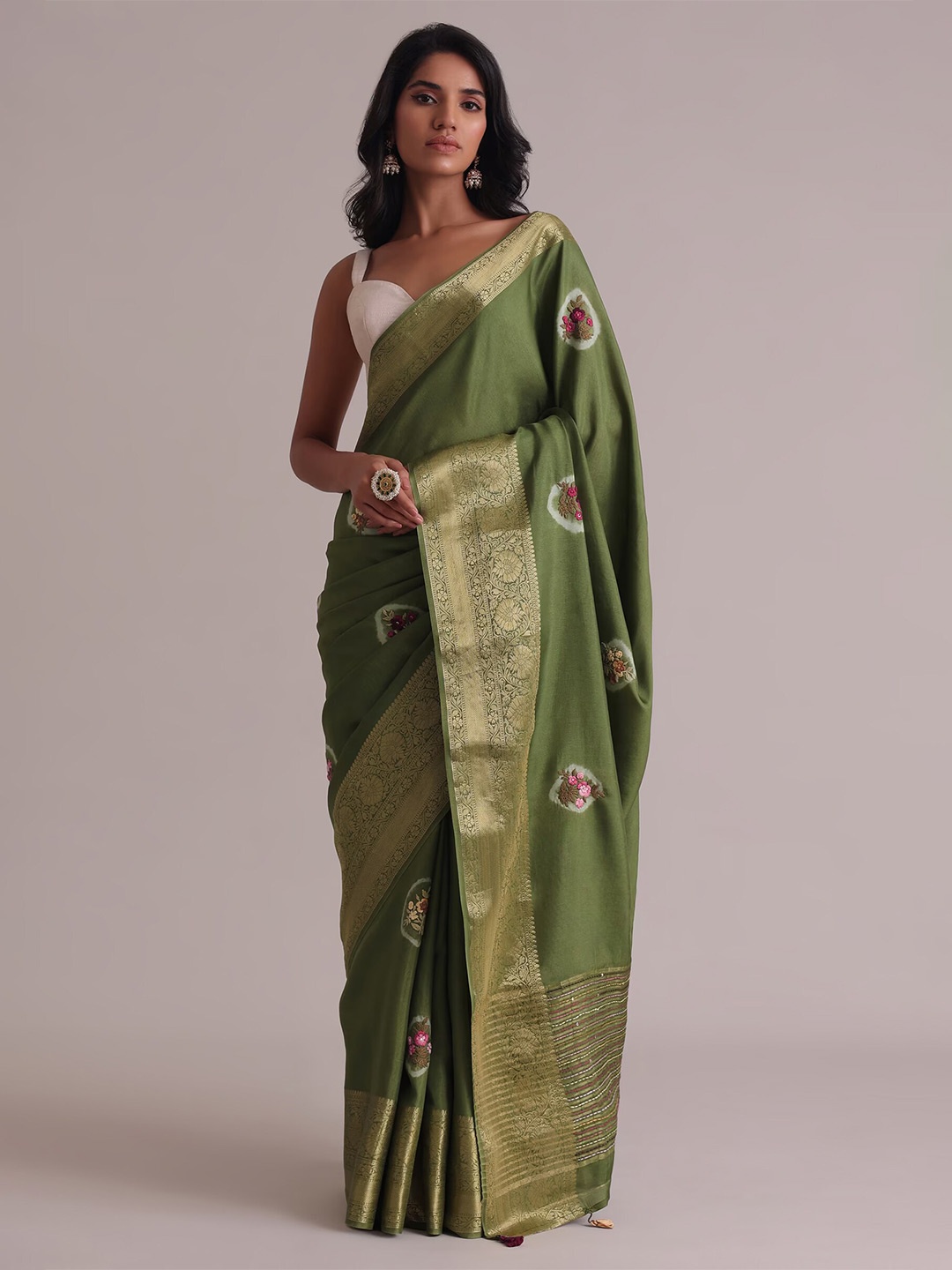 

KALKI Fashion Floral Embroidered Zari Saree, Green