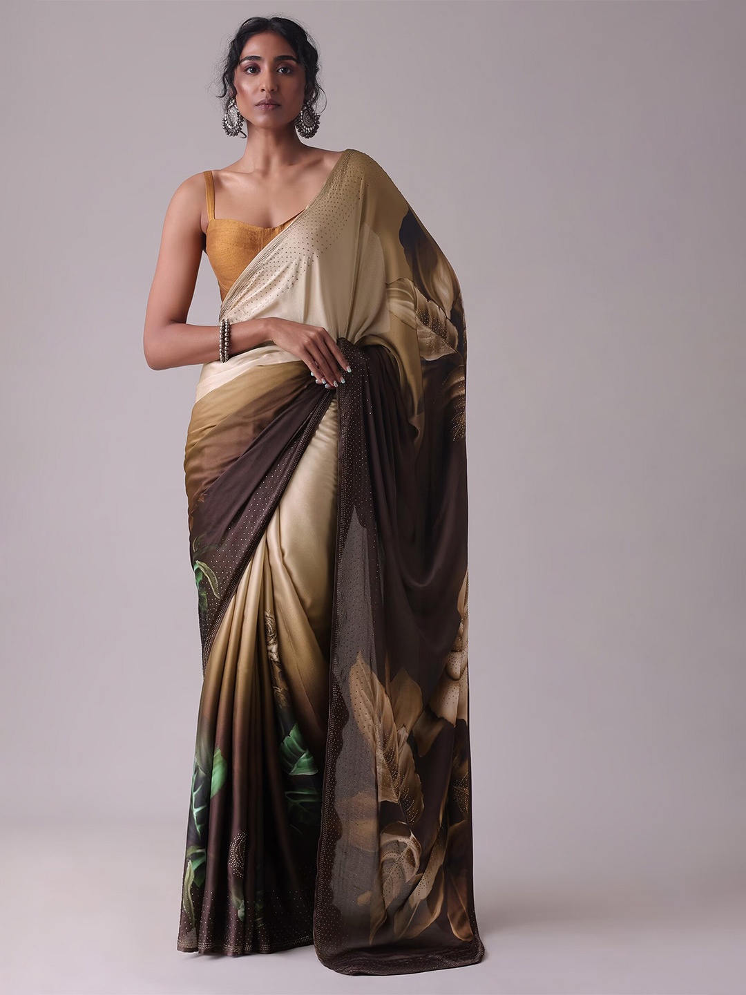

KALKI Fashion Floral Printed Embellished Satin Saree, Brown