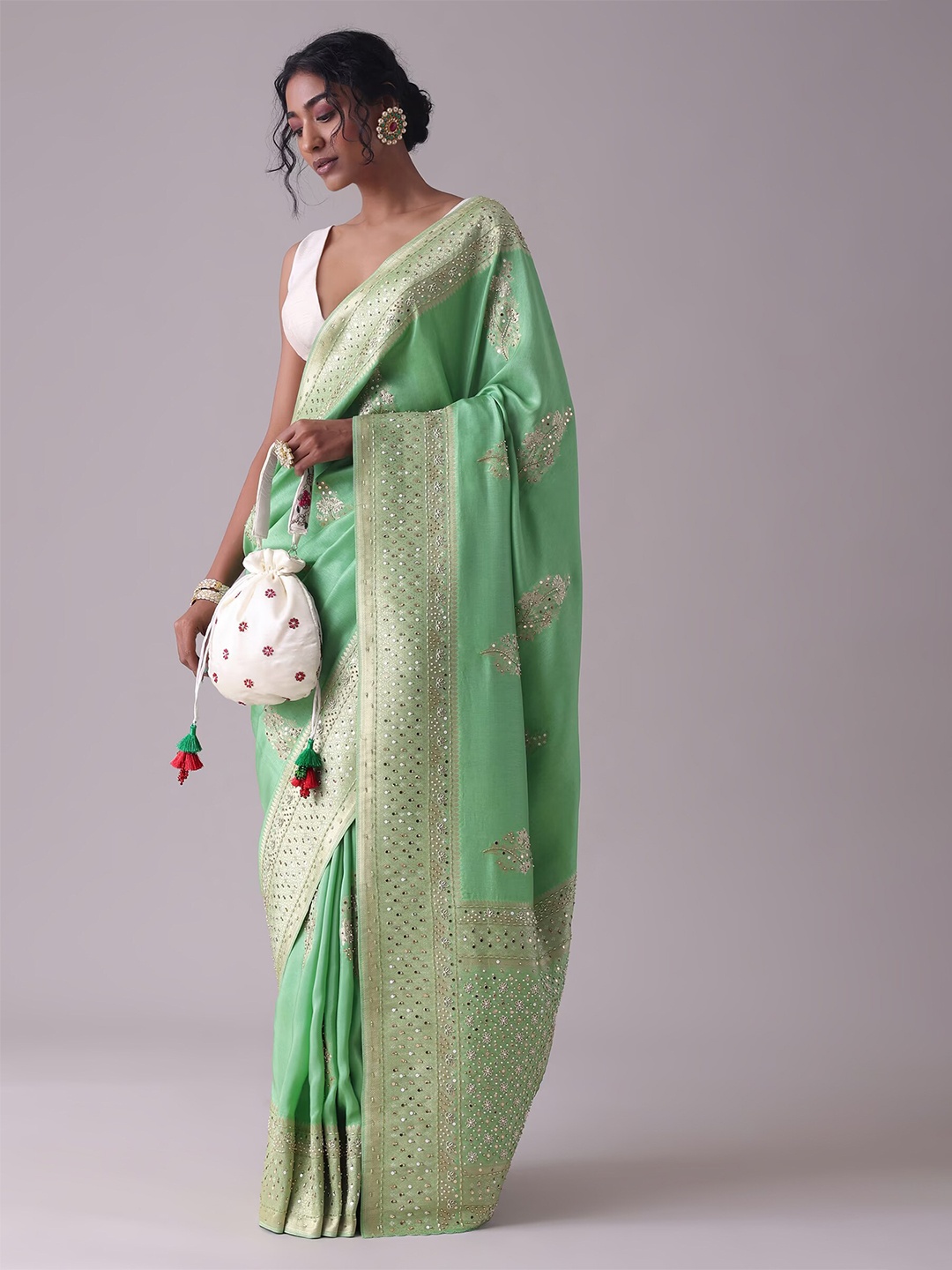

KALKI Fashion Ethnic Motif Woven Design Embellished Saree, Green