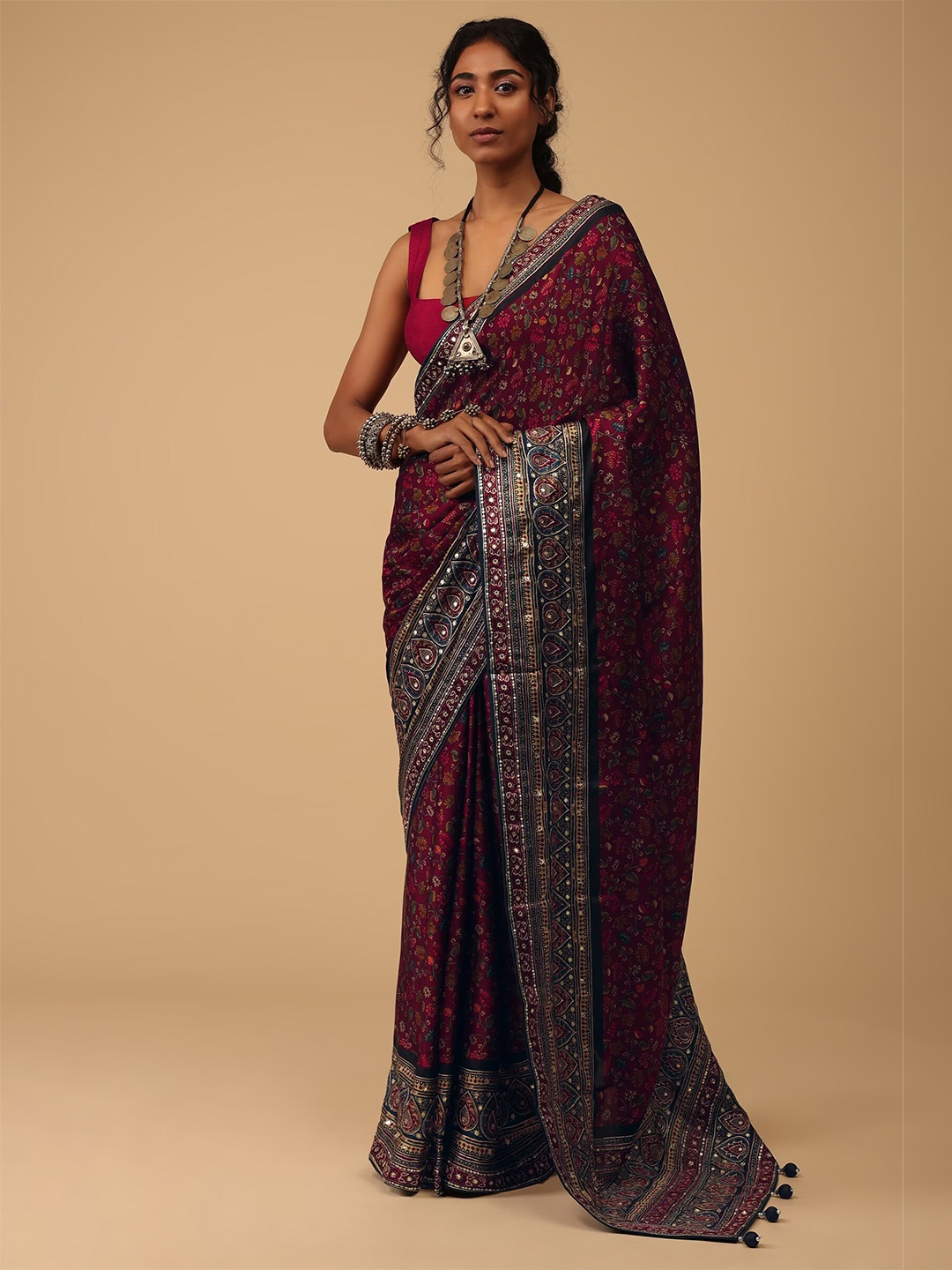 

KALKI Fashion Floral Printed Embellished Silk Cotton Saree, Maroon