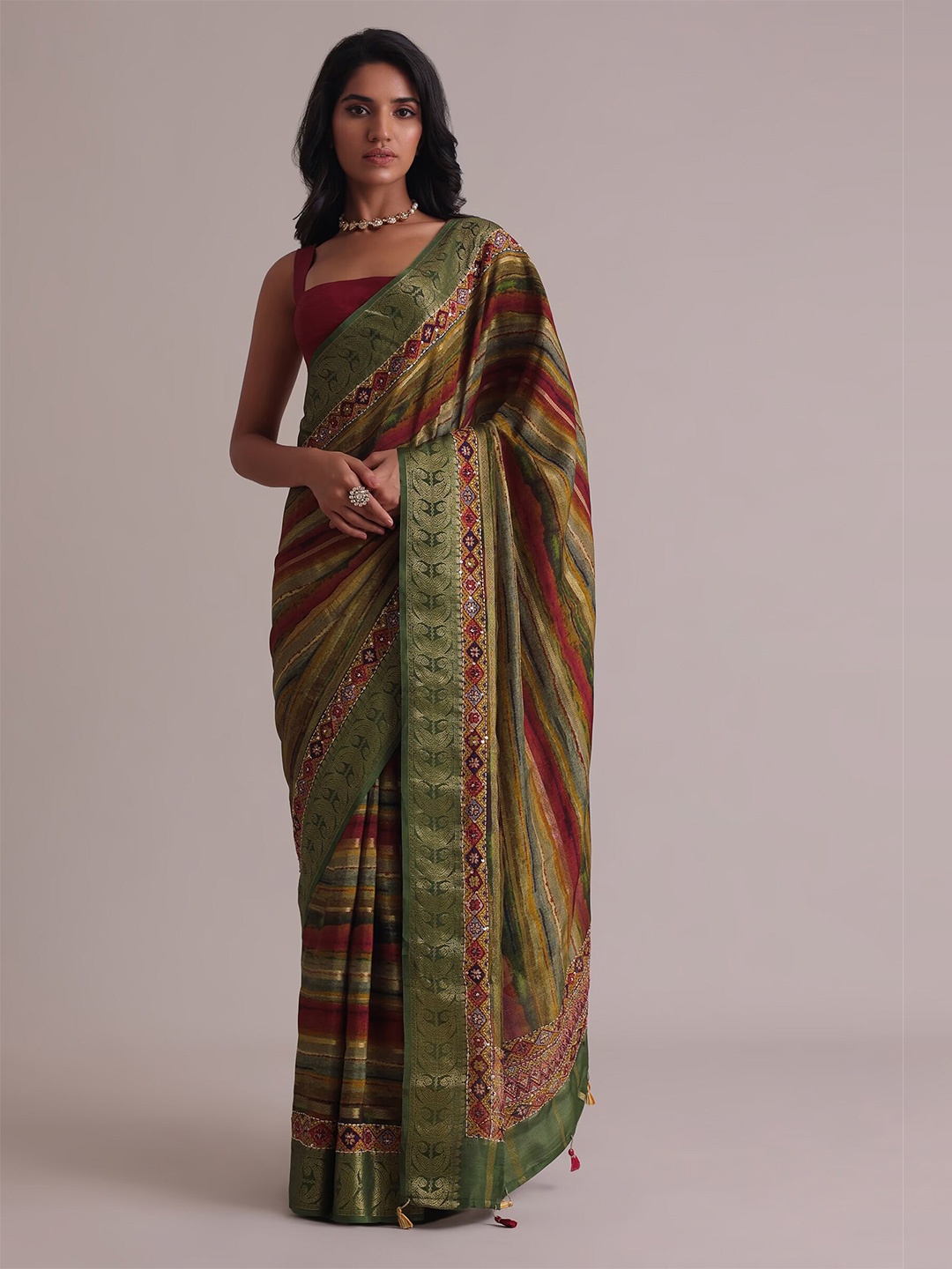 

KALKI Fashion Striped Embroidered Saree, Green