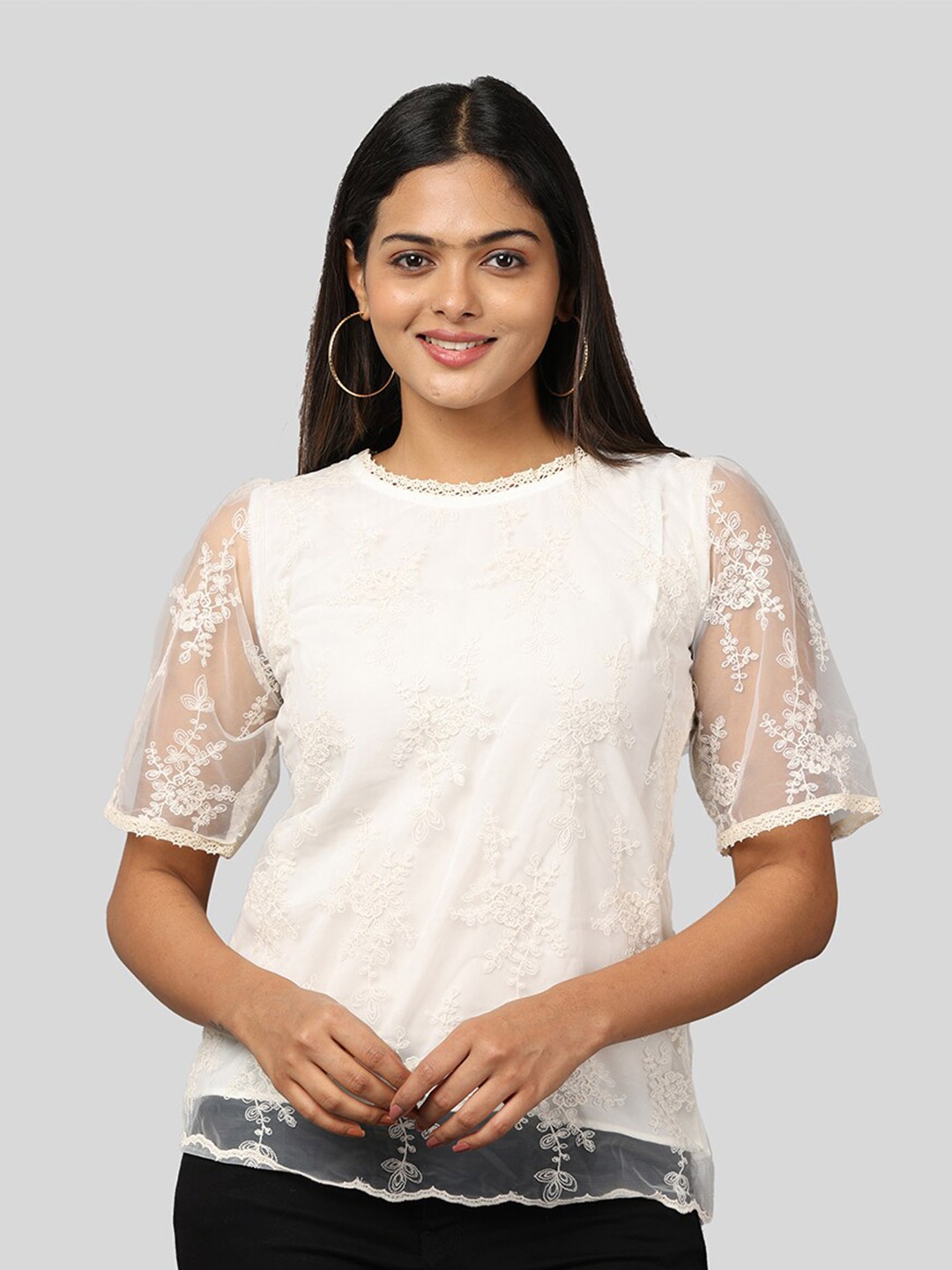 

GLORY & I Self Design Round Neck Net Top, White