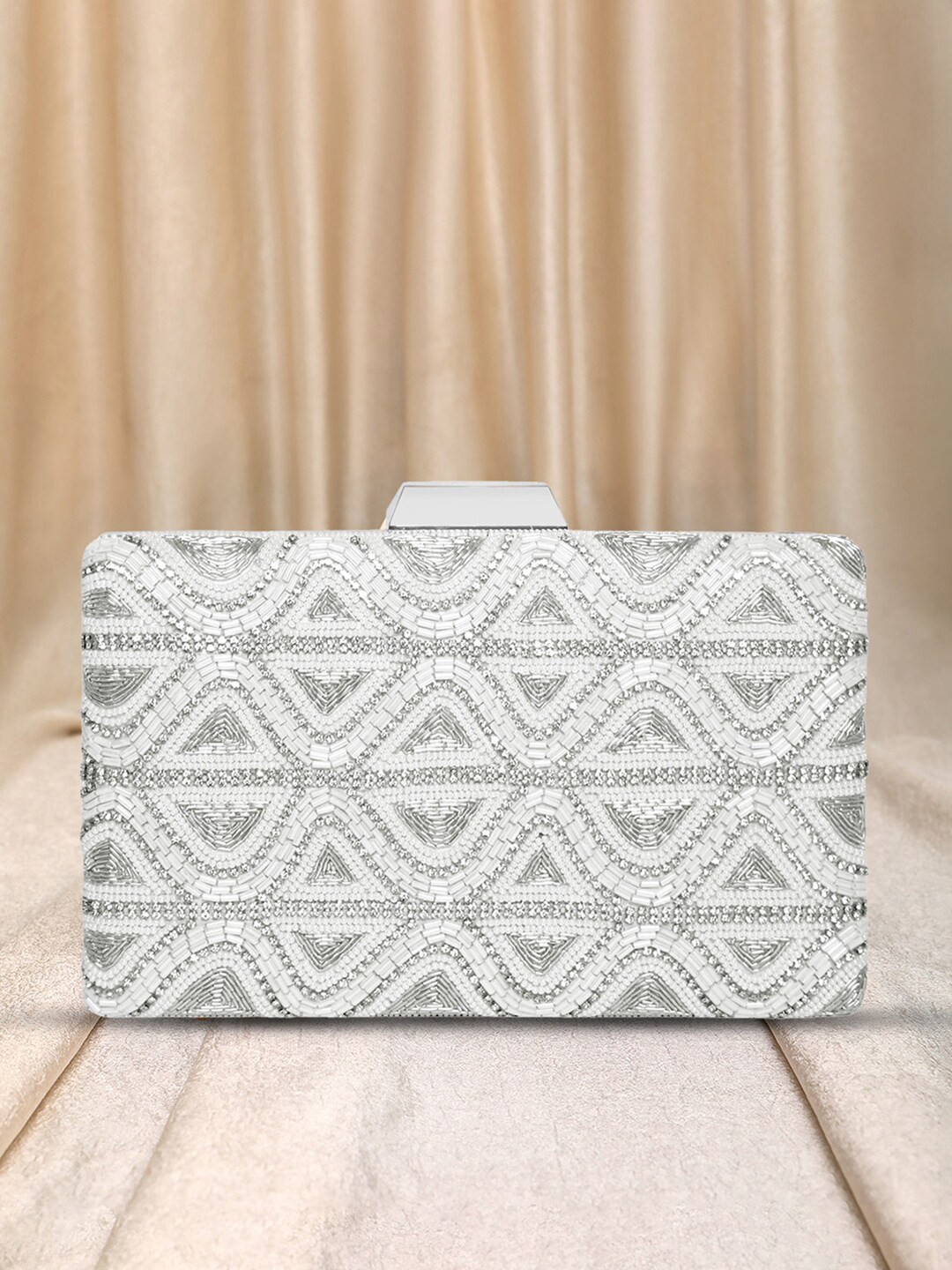

Peora Embroidered Box Clutch, Silver