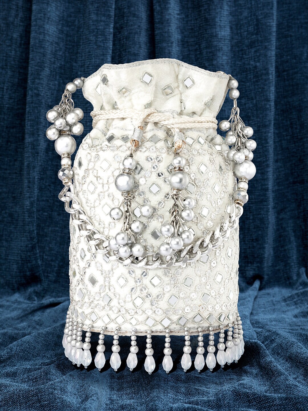 

Peora Embellished Embroidered Potli Clutch, White