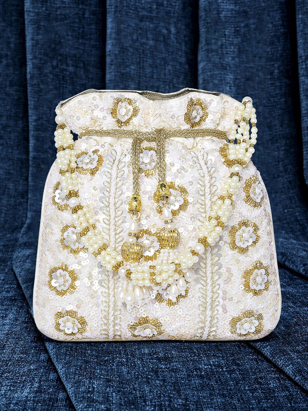 

Peora Embellished Embroidered Potli Clutch, White