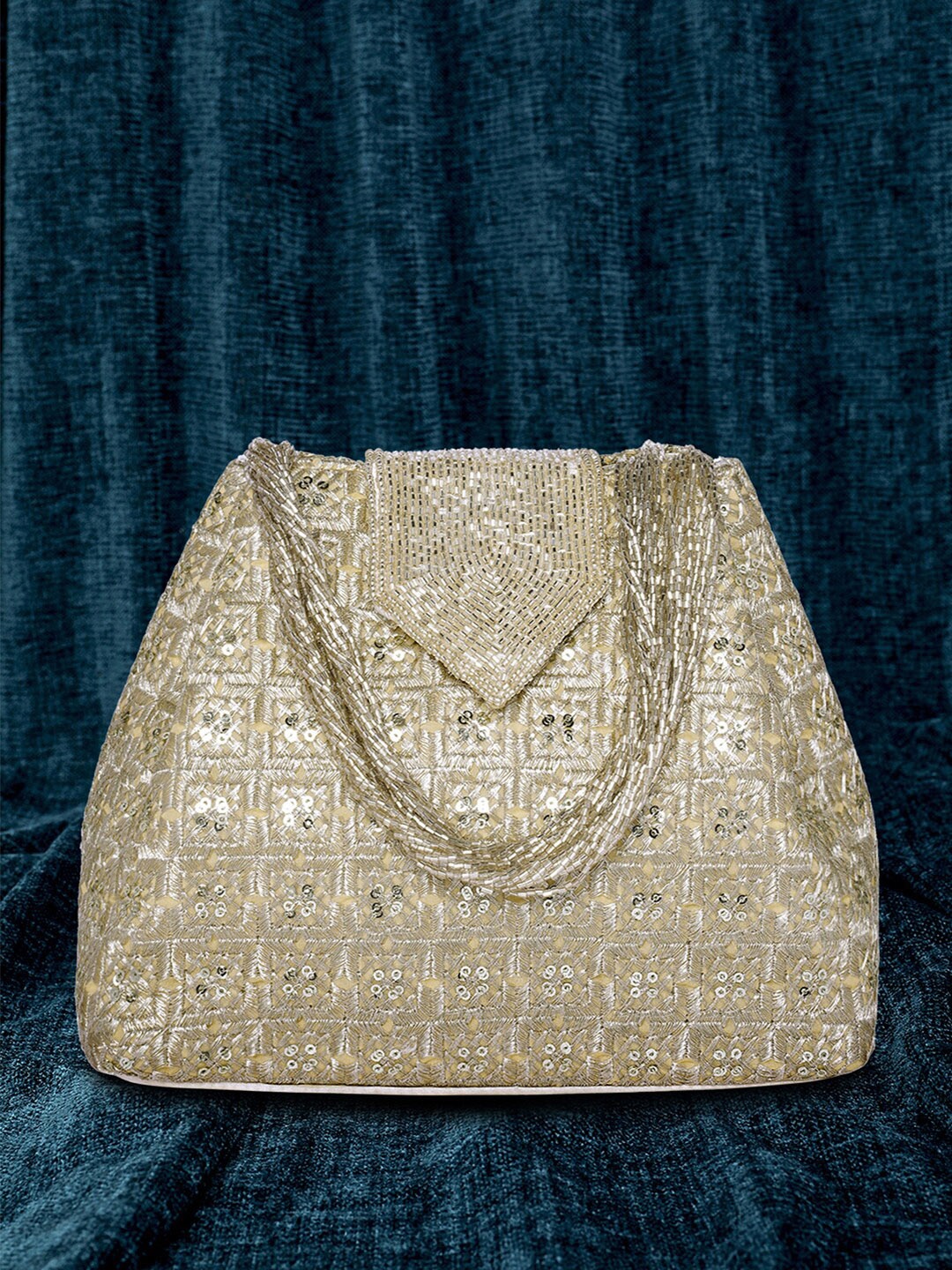 

Peora Embellished Potli Clutch With Wrist Loop, Cream