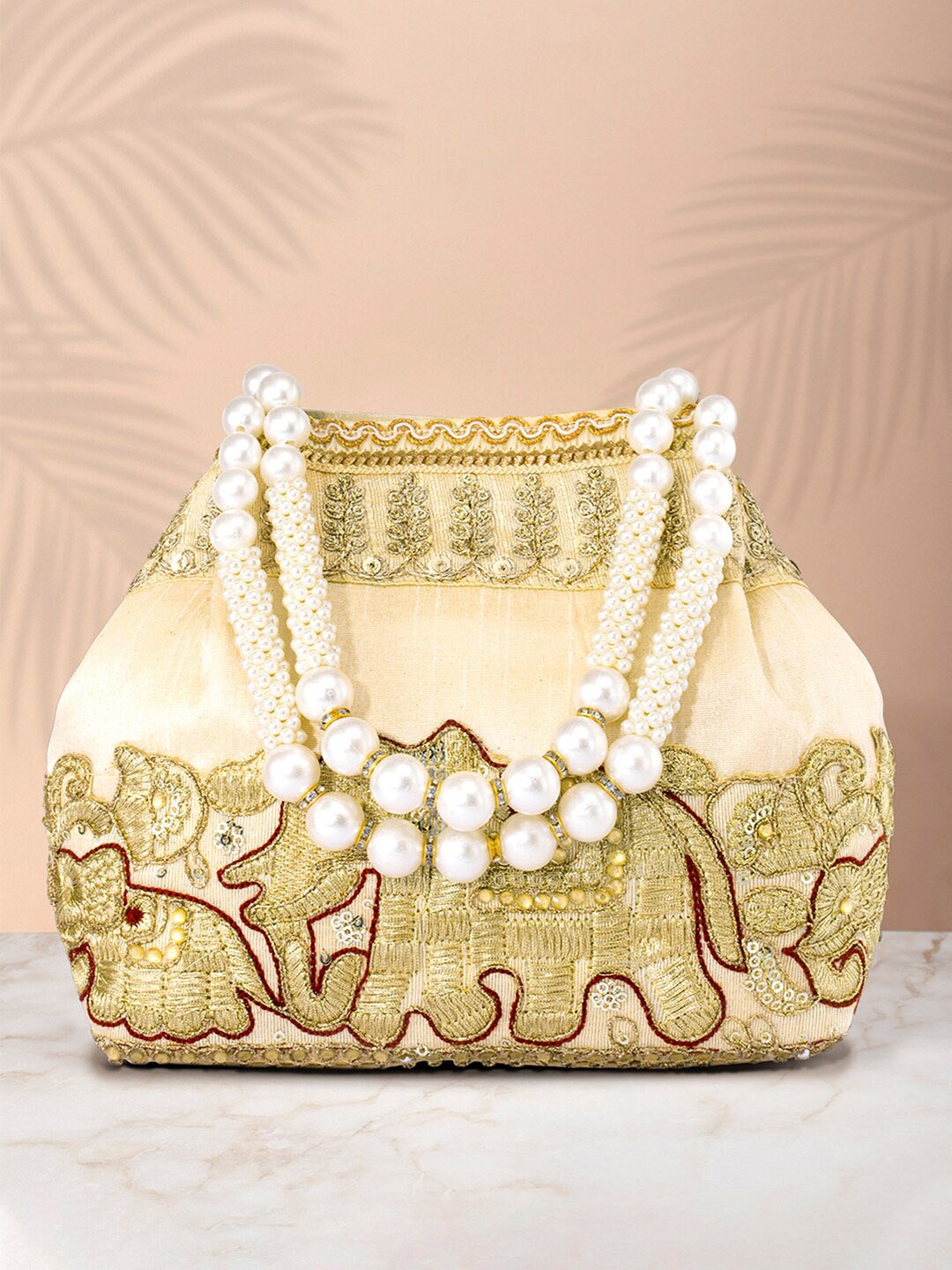 

Peora Embroidered Potli Clutch, Cream