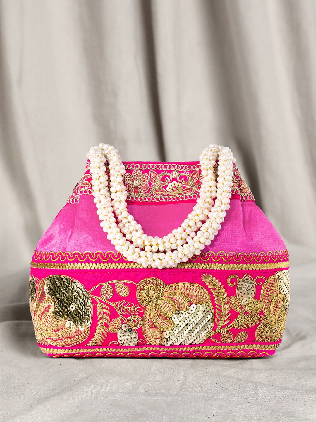 

Peora Embroidered Potli Clutch With Wrist Loop, Pink