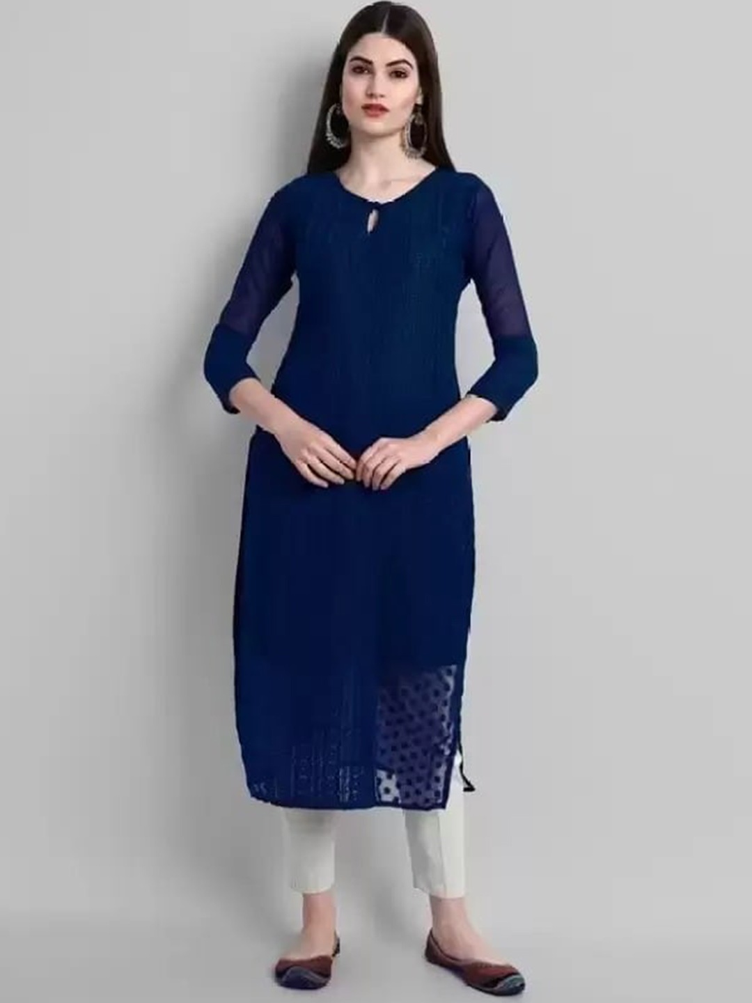 

KALINI Chikankari Embroidered Keyhole Neck Georgette Straight Kurta, Navy blue