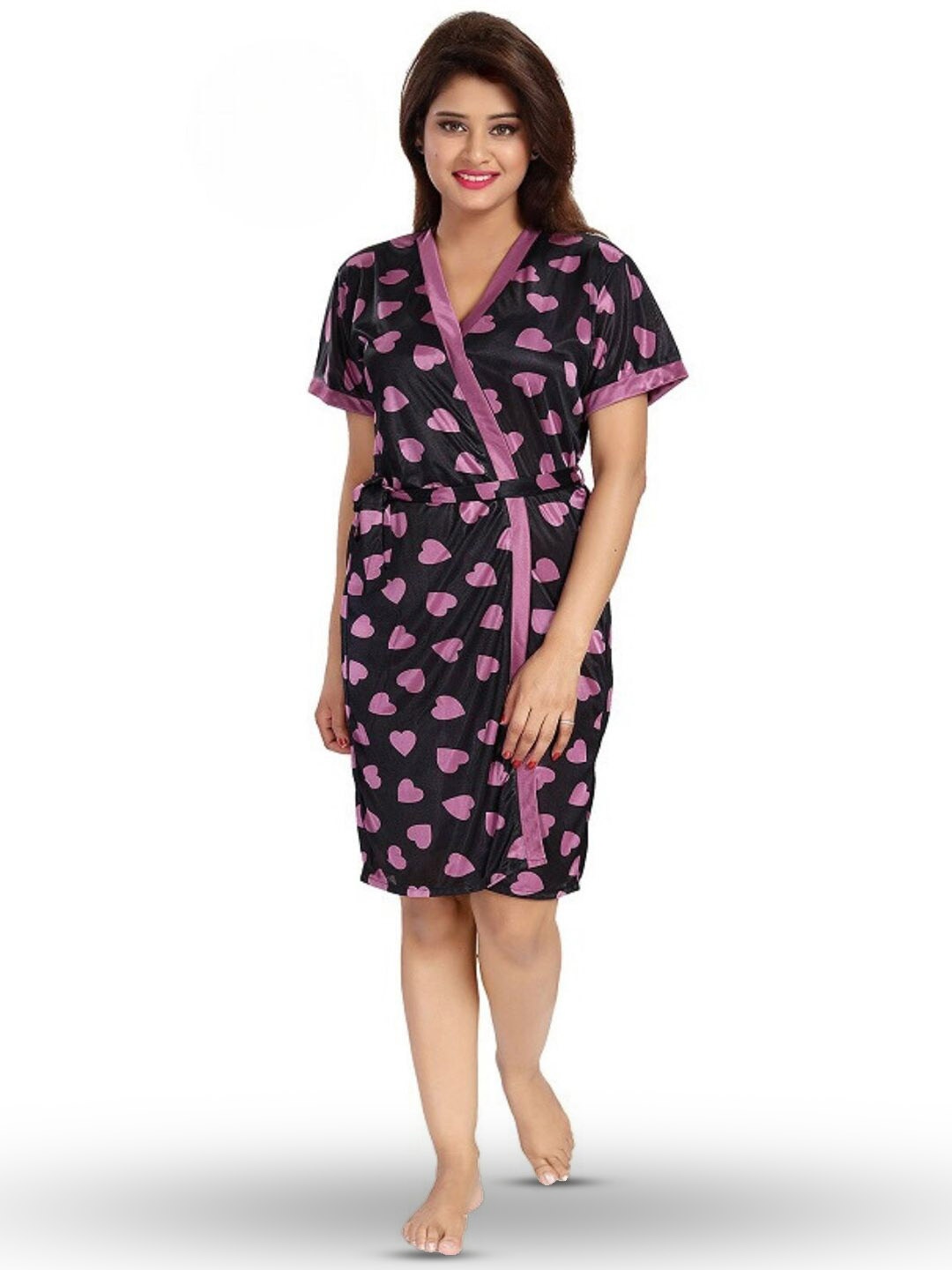 

Noty Heart Printed Robe Nightdress With Bra And Briefs, Purple