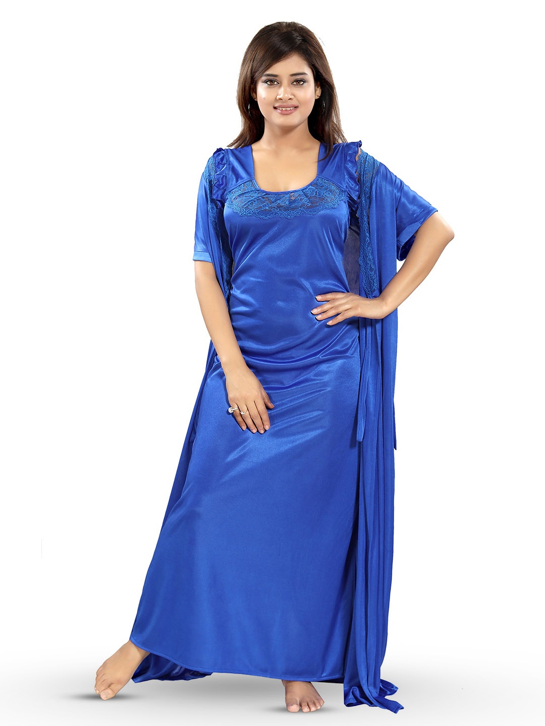 

Noty Short Sleeves Maxi Nightdress With Robe, Blue