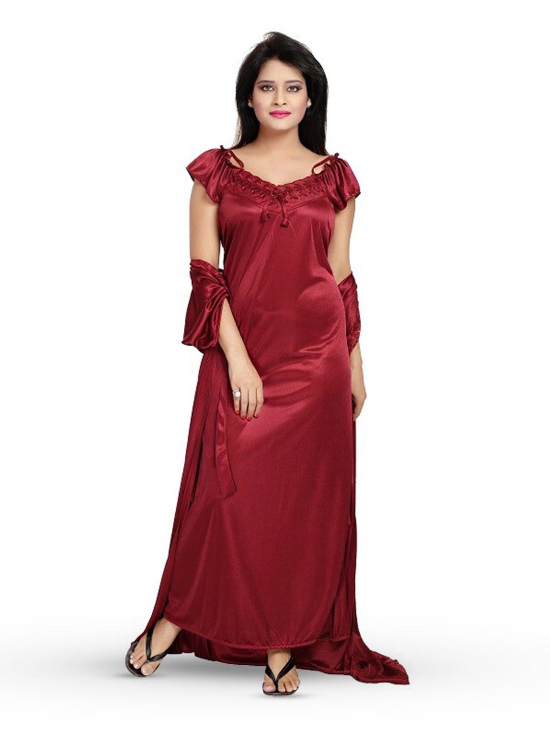

Noty Satin Maxi Nightdress With Robe, Bra, Briefs, Sleepmask, T-shirt And Trousers, Maroon