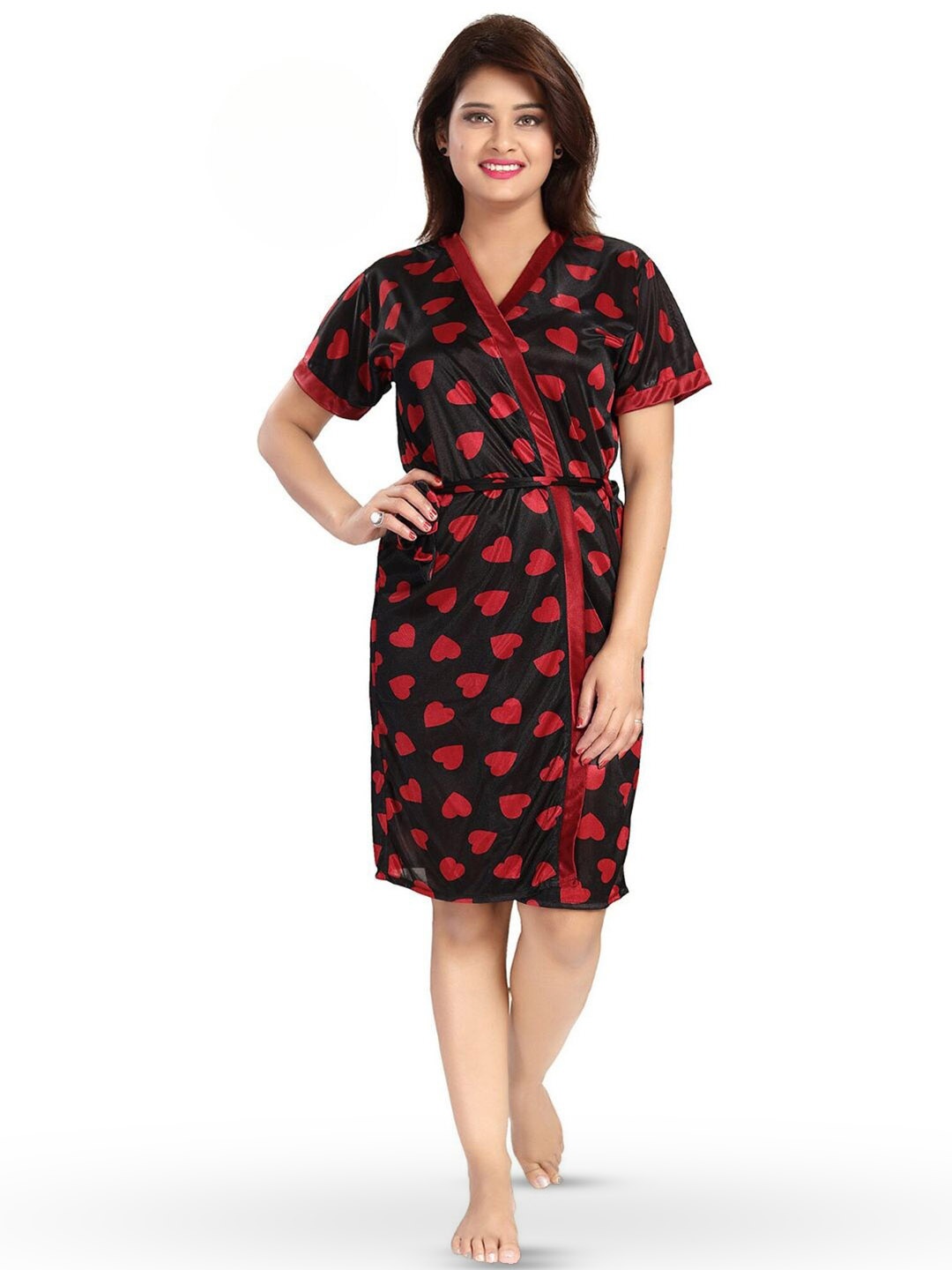 

Noty Heart Printed Robe Nightdress With Bra And Briefs, Maroon