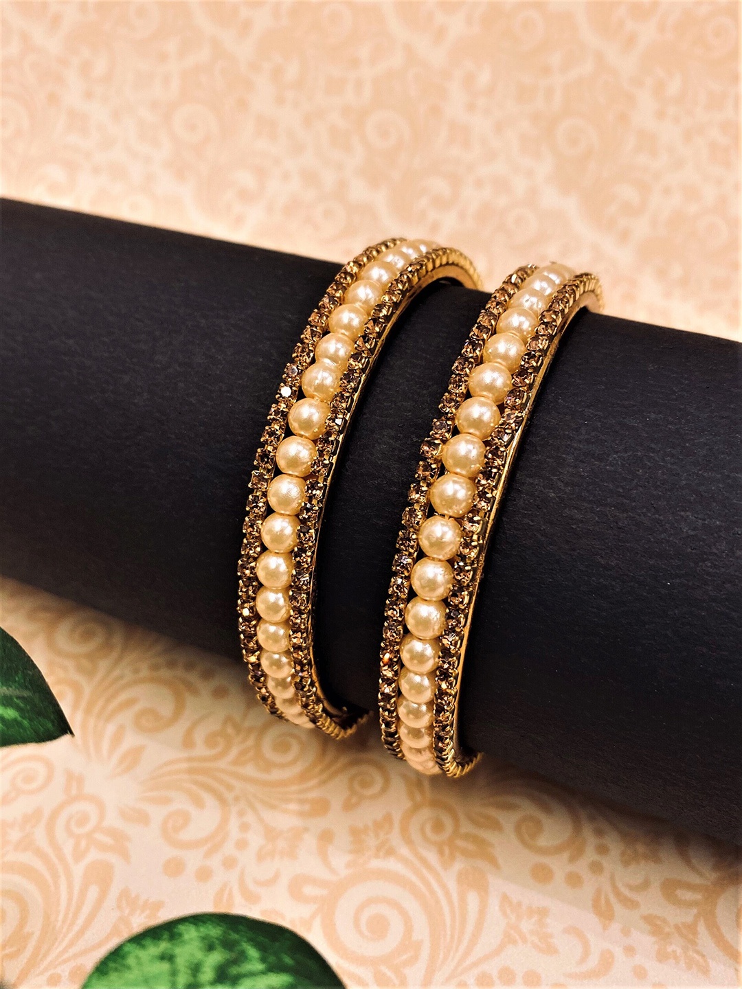 

ATIBELLE Set Of 2 Gold-Plated Stone-Studded & Beaded Bangles