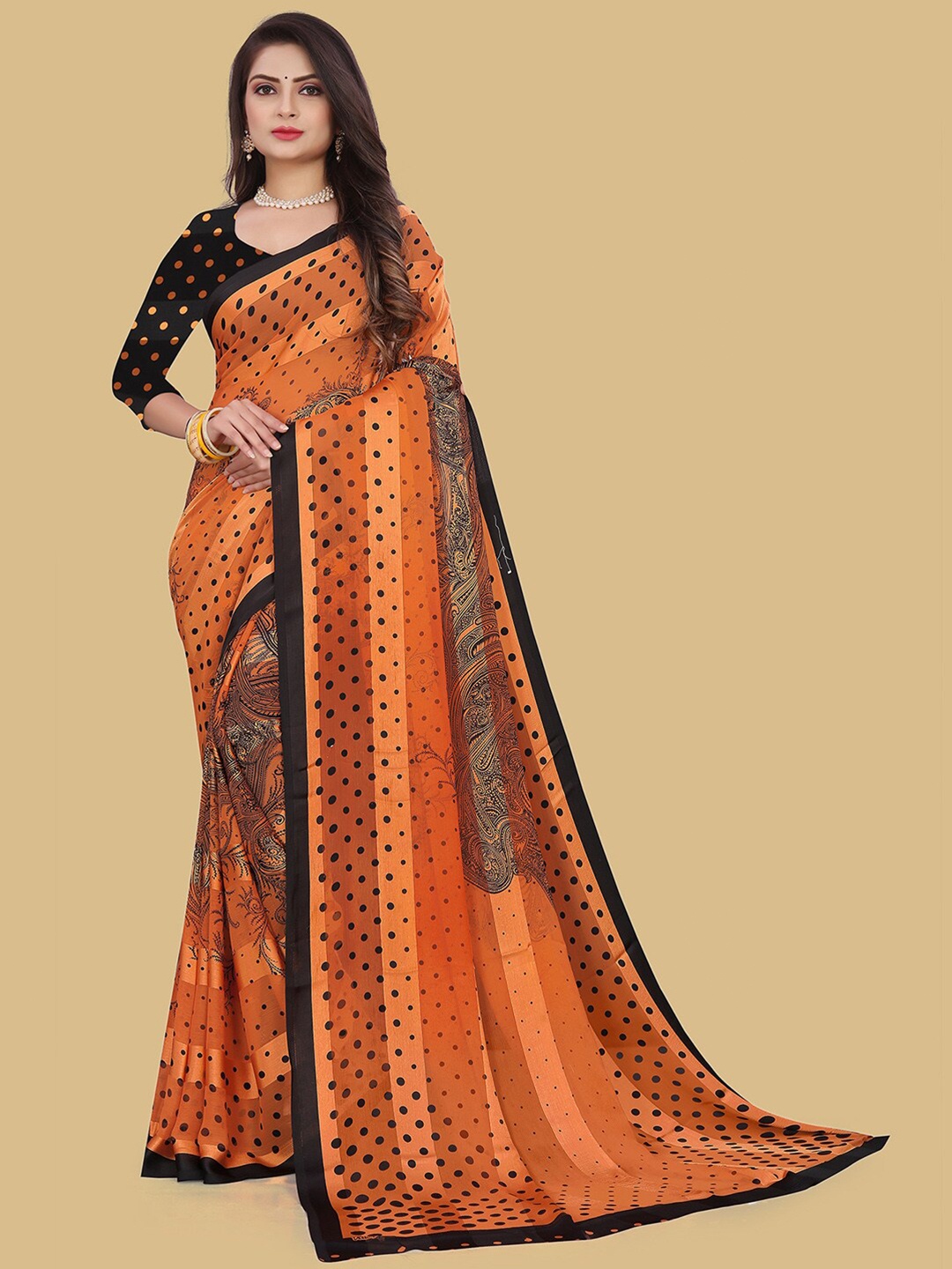 

Mitera Orange & Black Polka Dots Printed Saree
