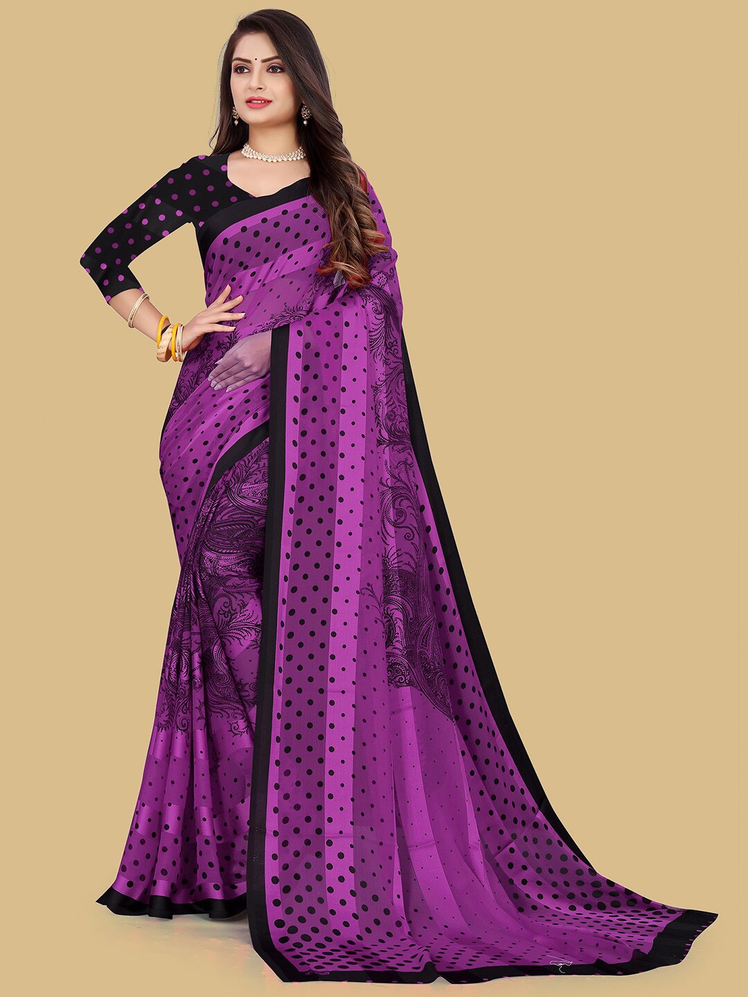

Mitera Purple & Black Polka Dots Printed Saree