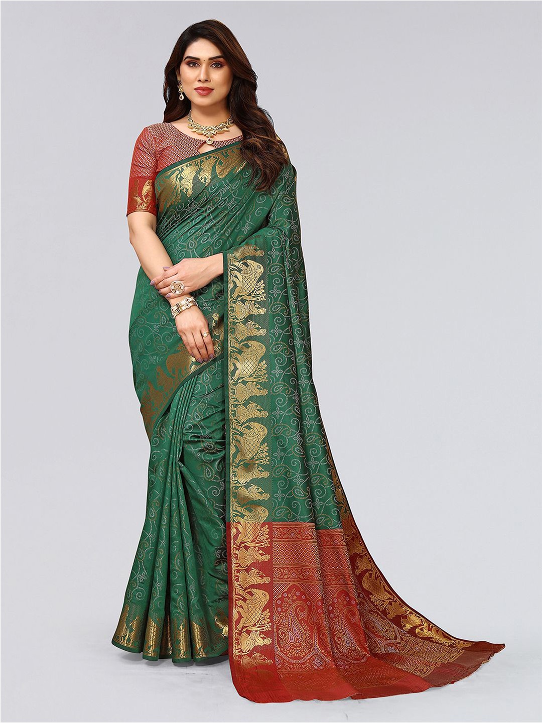 

Mitera Green & Red Paisley Printed Zari Saree