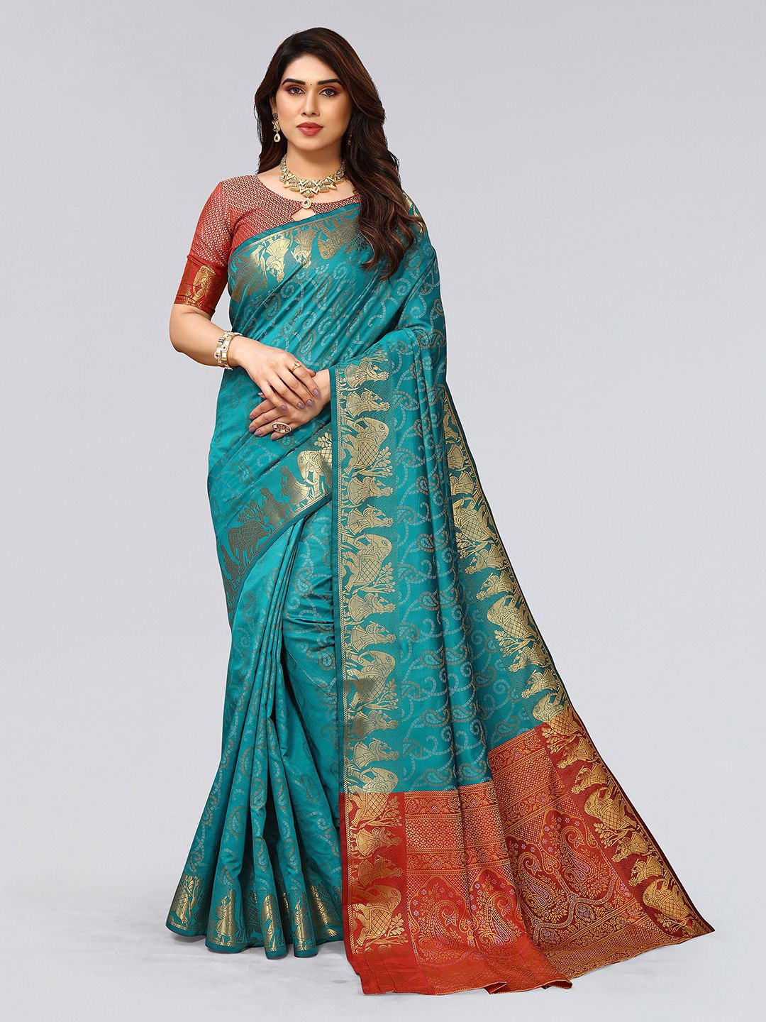 

Mitera Green & Orange Bandhani Printed Zari Saree