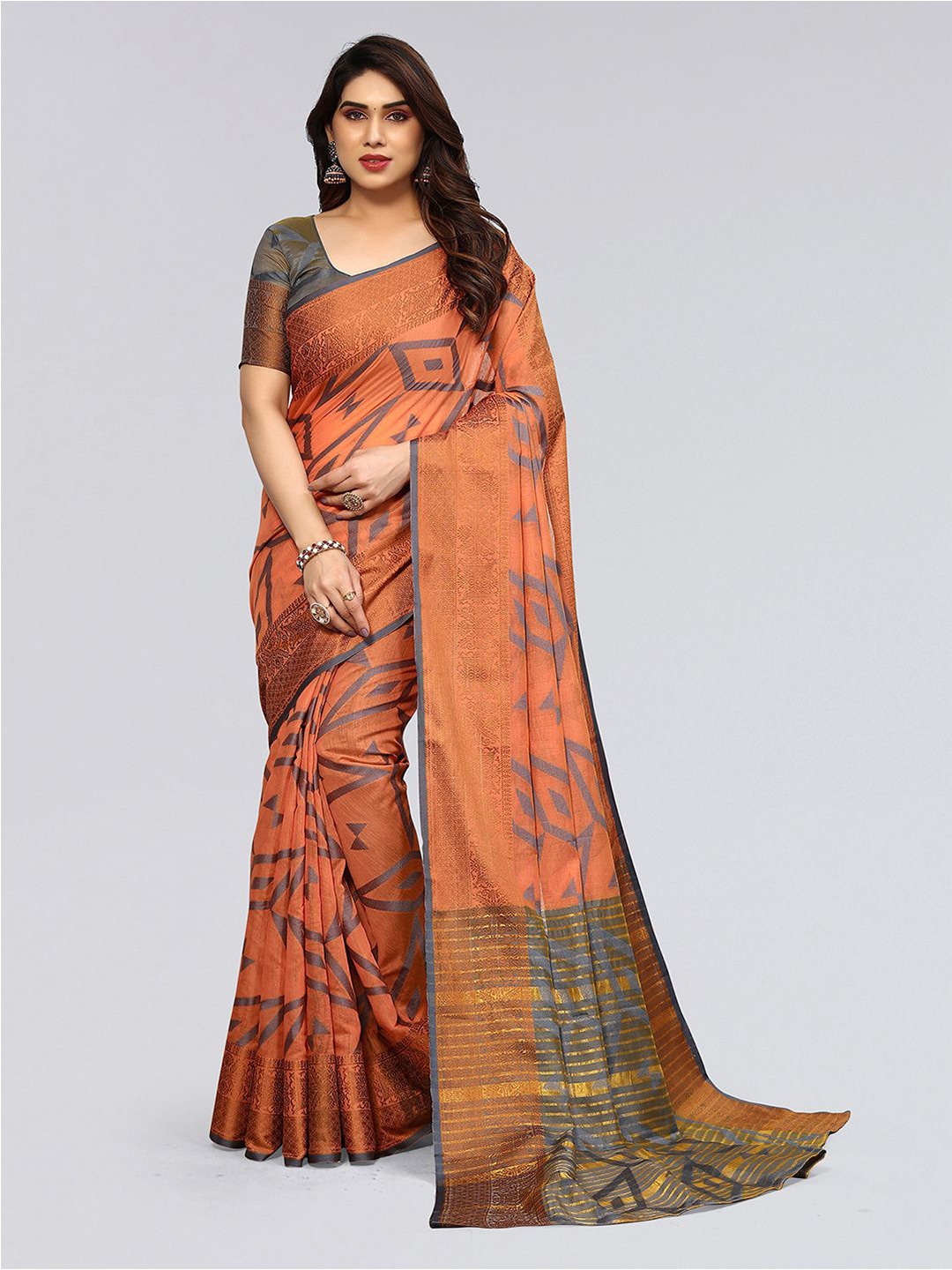 

Mitera Orange & Grey Geometric Printed Saree