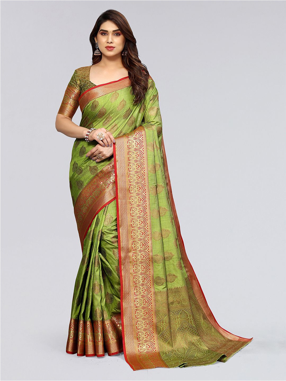 

Mitera Green & Red Ethnic Motif Woven Design Zari Silk Cotton Saree