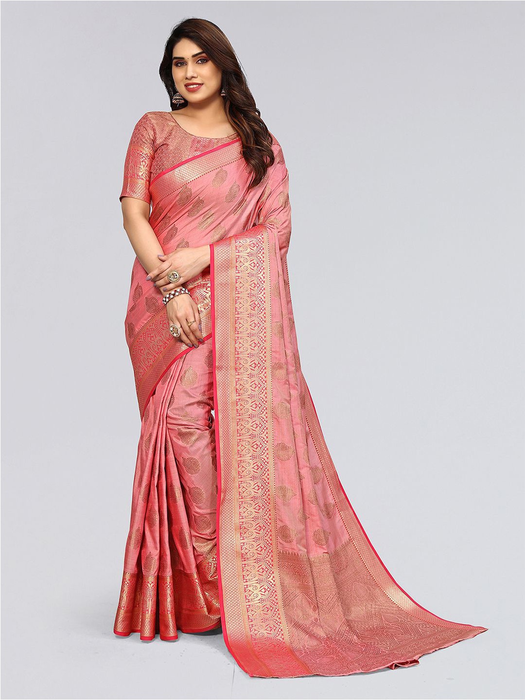 

Mitera Pink & Gold-Toned Ethnic Motifs Woven Design Zari Silk Cotton Saree