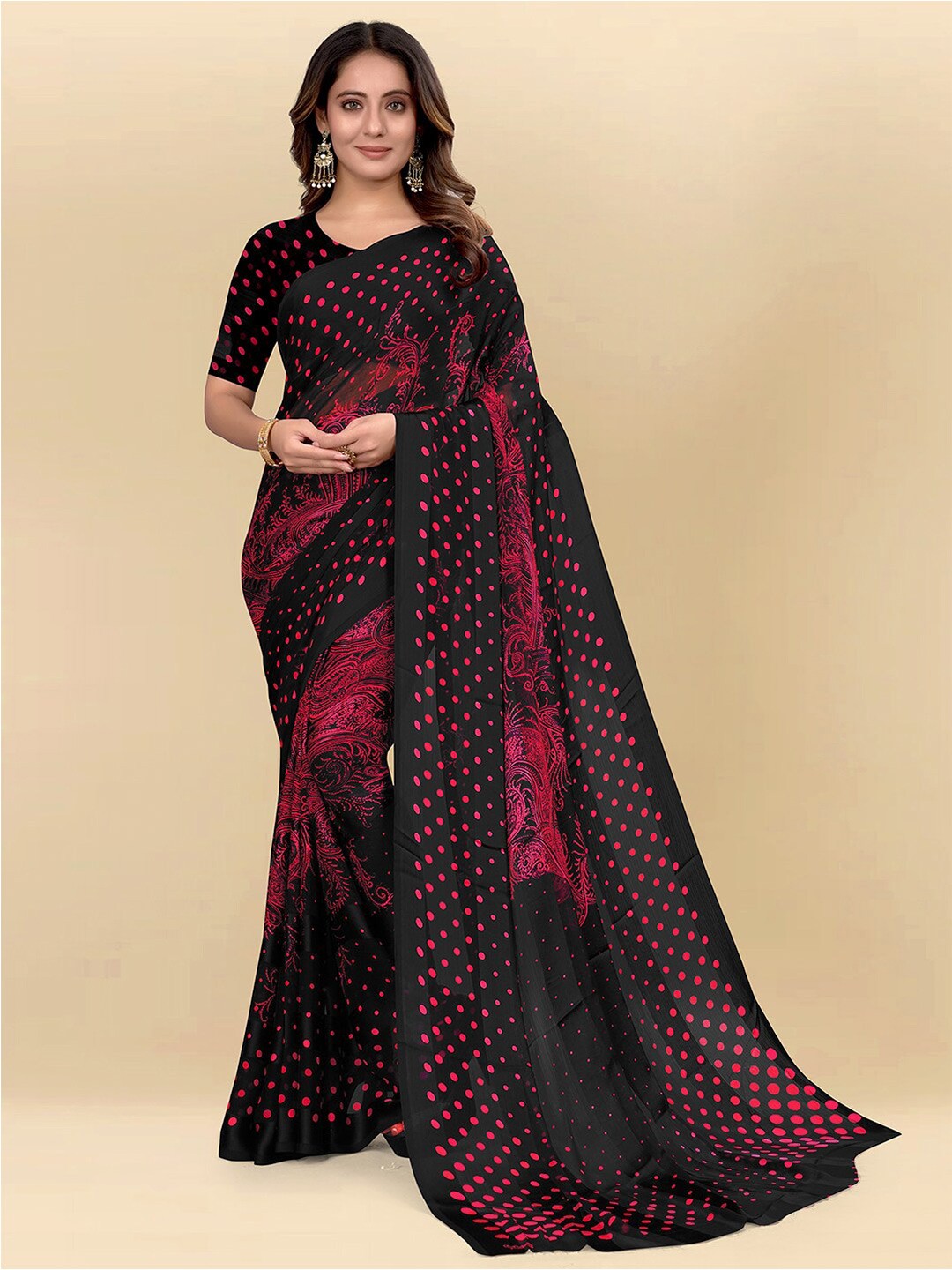 

Mitera Red & Black Polka Dot Printed Saree
