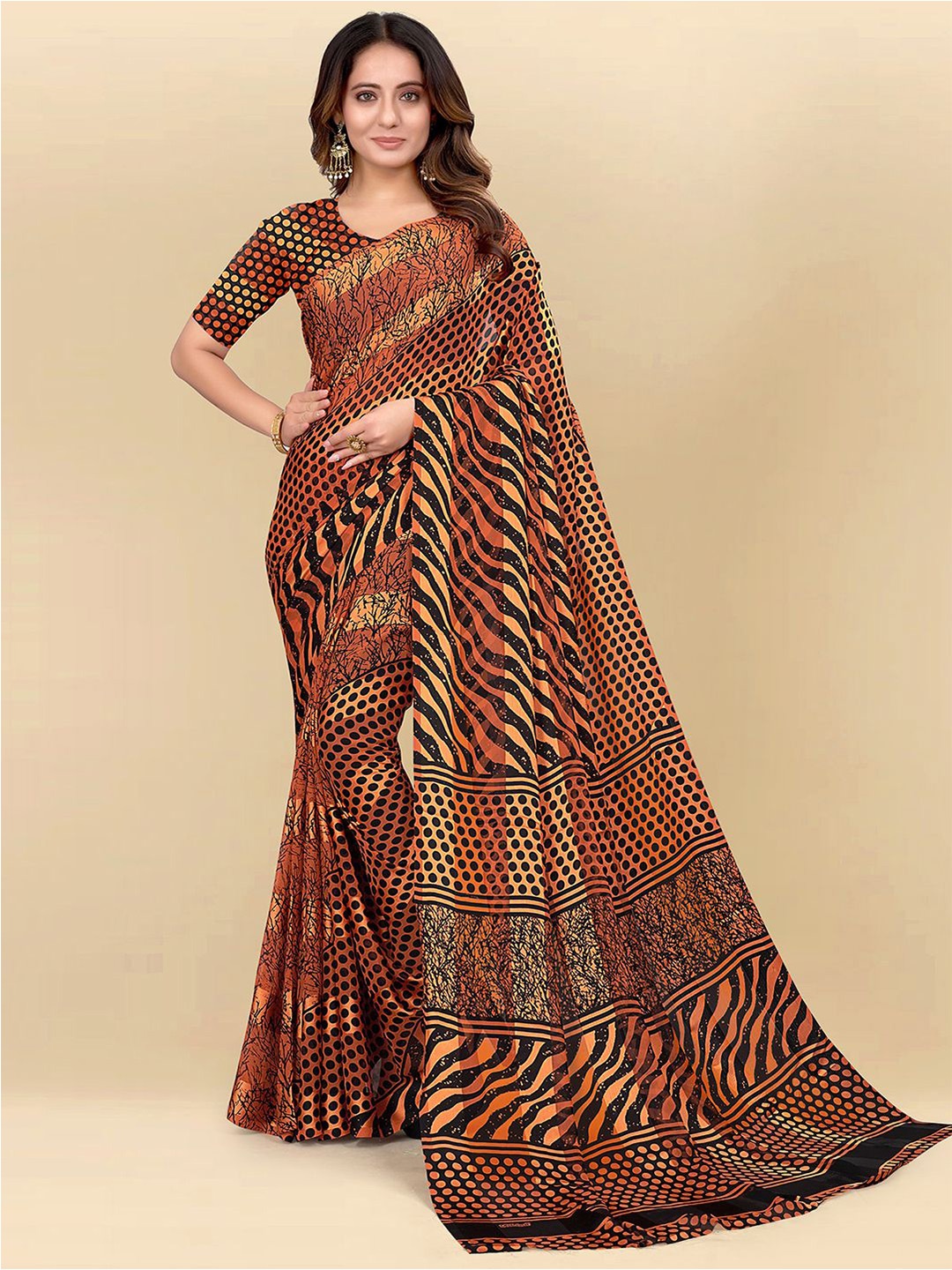 

Mitera Orange & Black Polka Dots Printed Saree