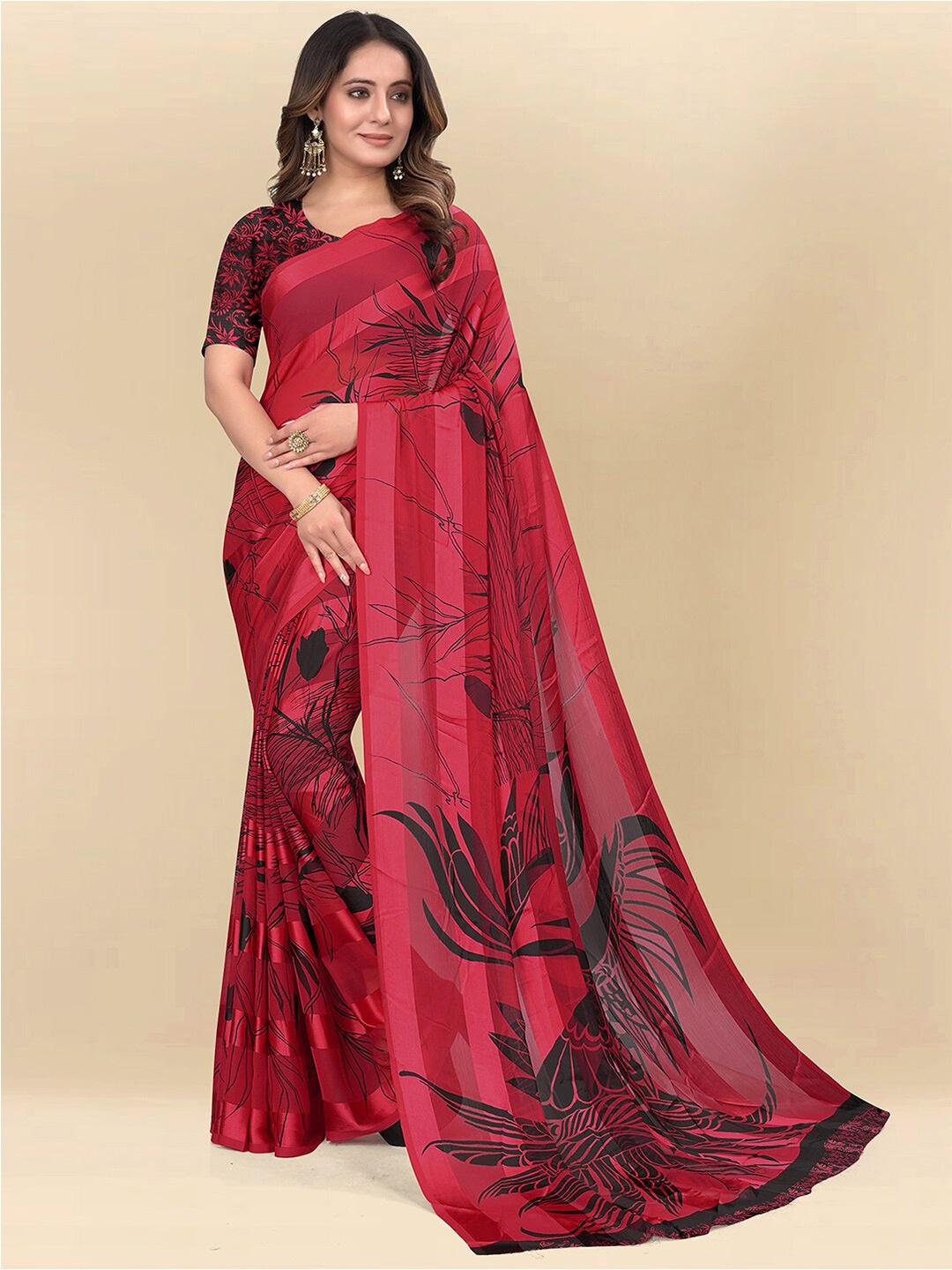 

Mitera Red & Black Poly Chiffon Saree