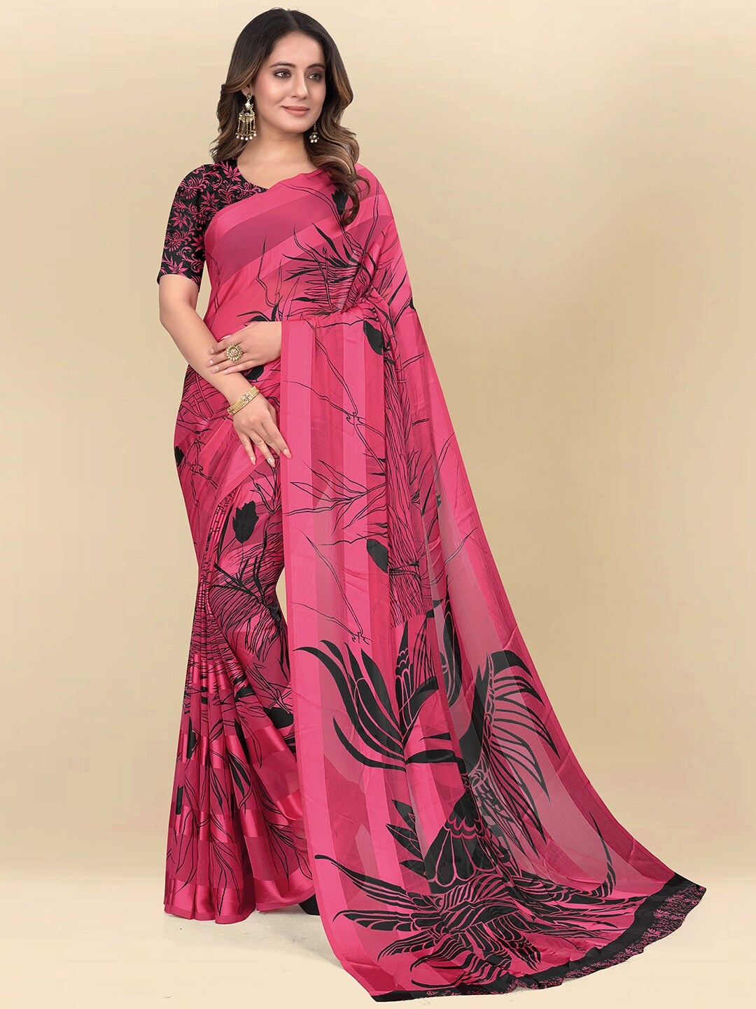 

Mitera Pink & Black Poly Chiffon Fusion Saree