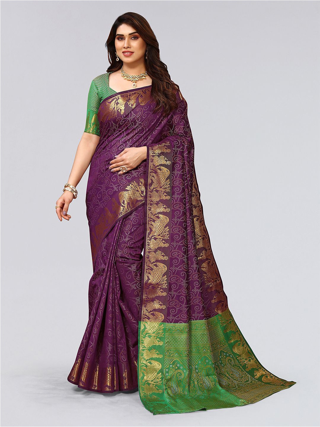 

Mitera Purple & Green Bandhani Printed Zari Saree